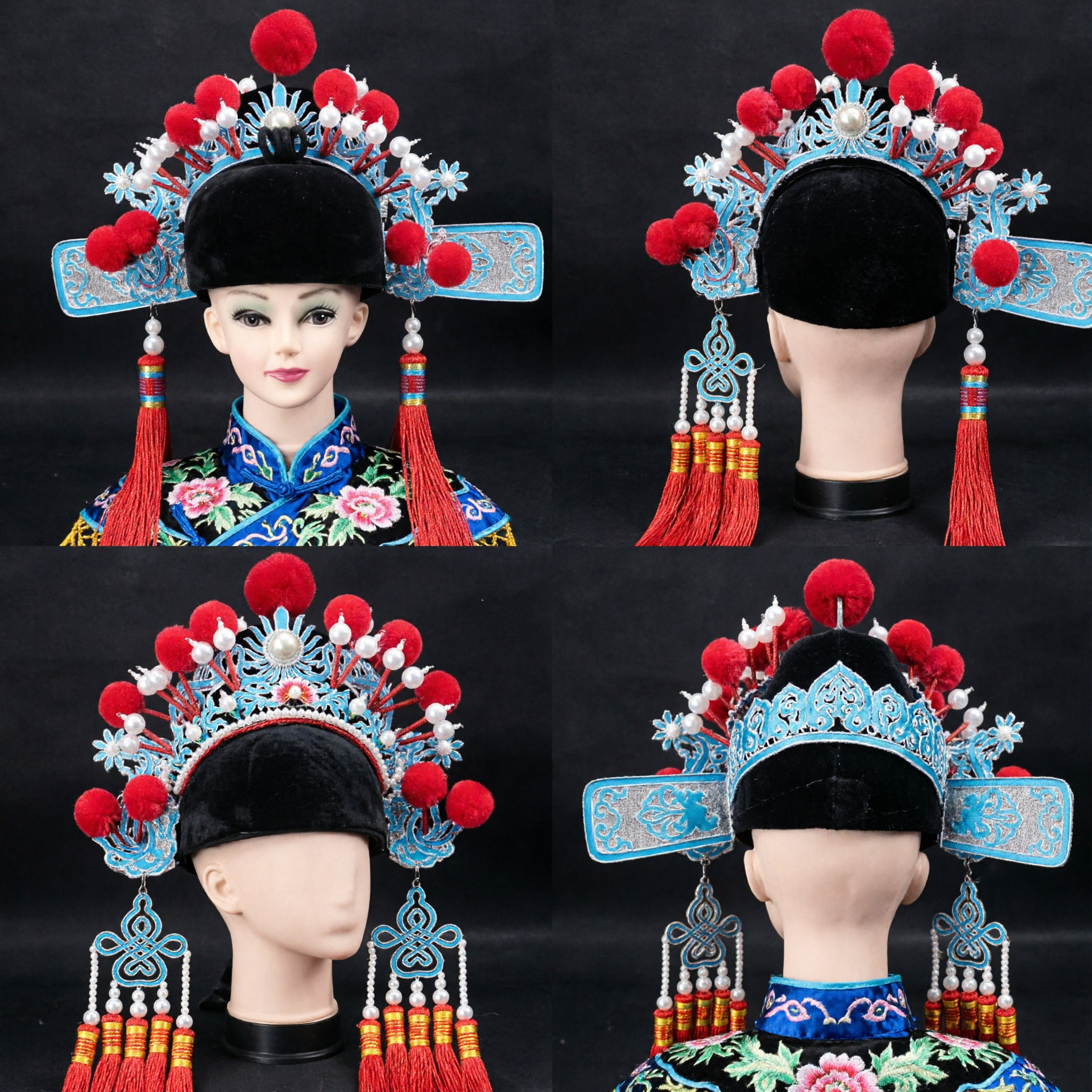 Capacete de General da Ópera de Pequim Chinês Tradicional Adereço de Cabeça com Pompons Vermelhos para Acessório de Performance de Traje de Palco - Asian Costume