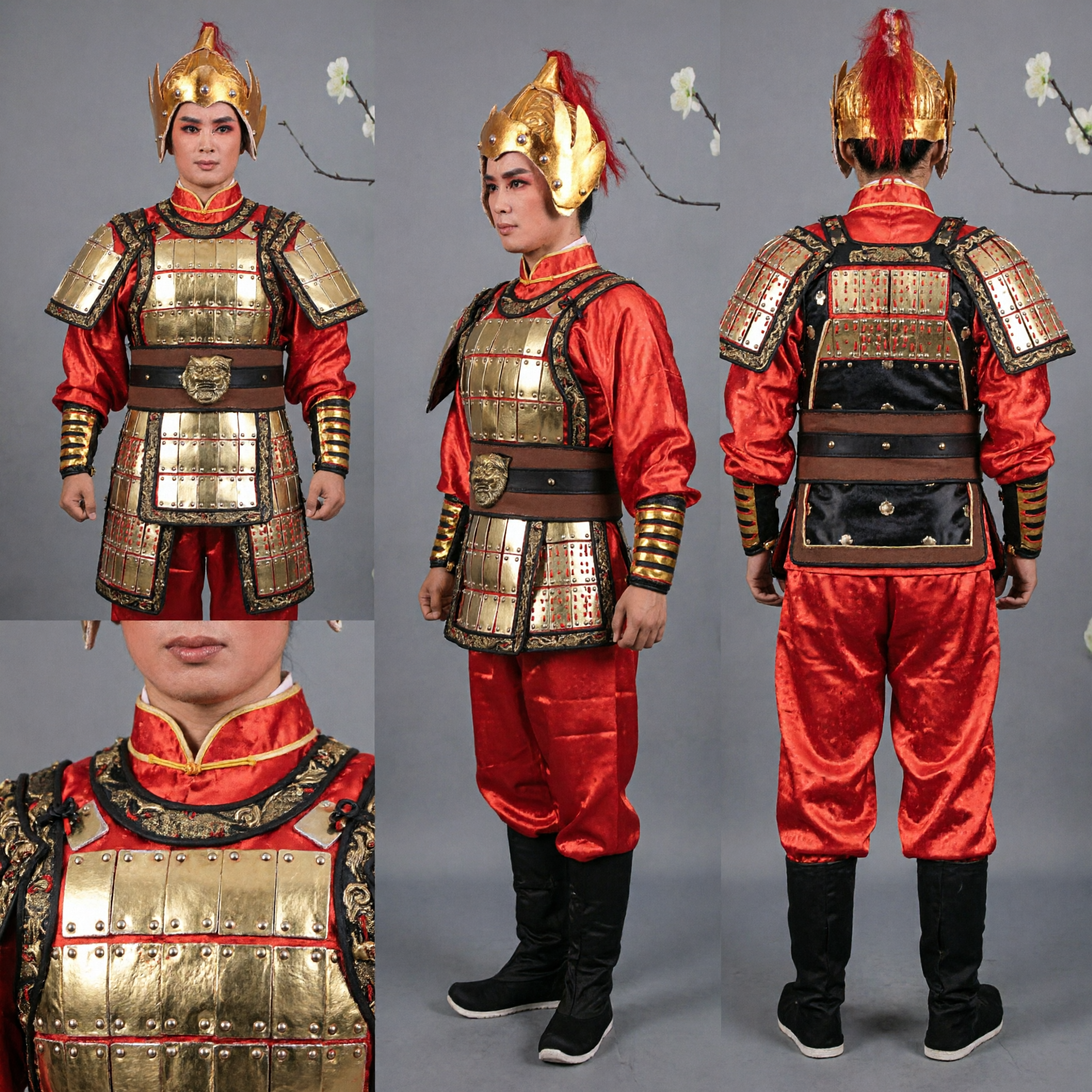 Costume Traditionnel Chinois de Général Guerrier pour Hommes Ensemble Complet Armure en Satin Rouge avec Casque pour Spectacle de Scène - Asian Costume