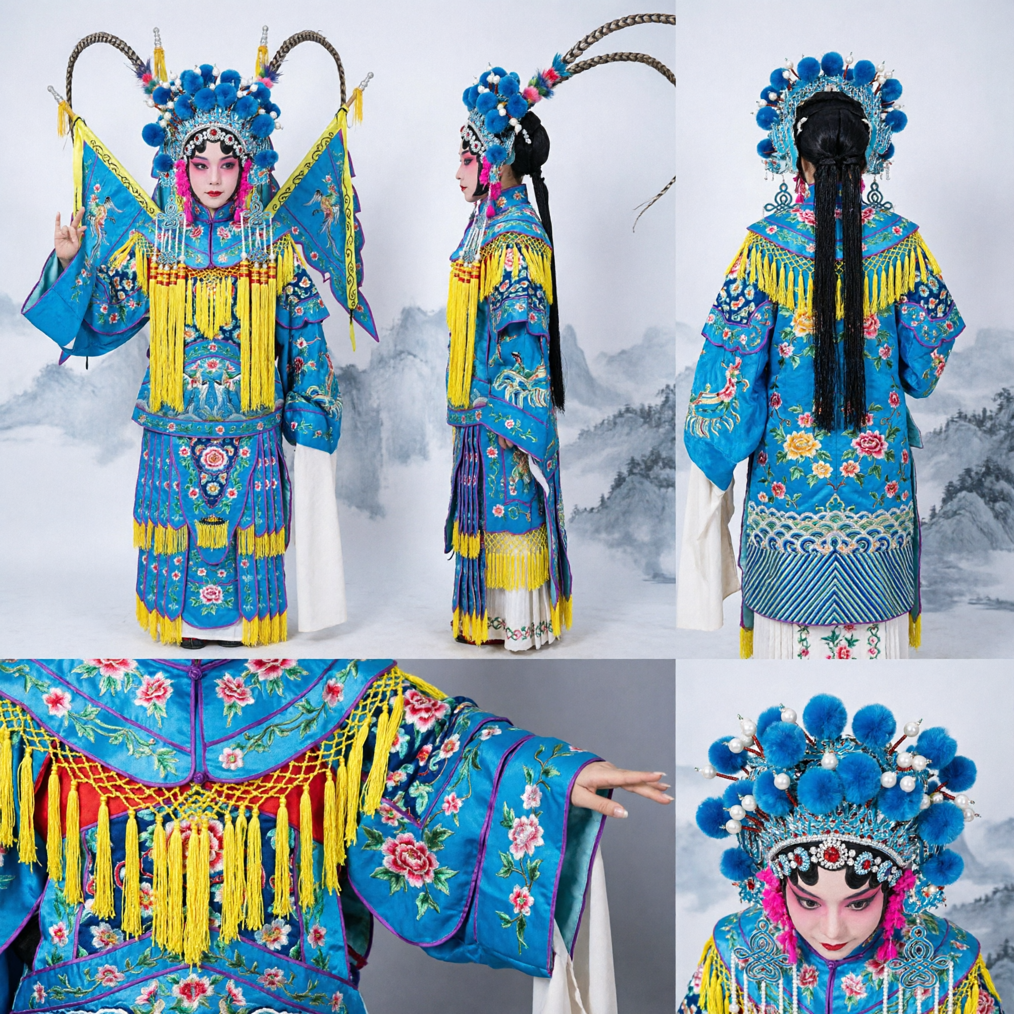 Costume Tradizionale Cinese dell'Opera di Pechino Generale Femminile Outfit da Guerriera Blu Ricamata con Bandiere e Copricapo per Donne - Asian Costume