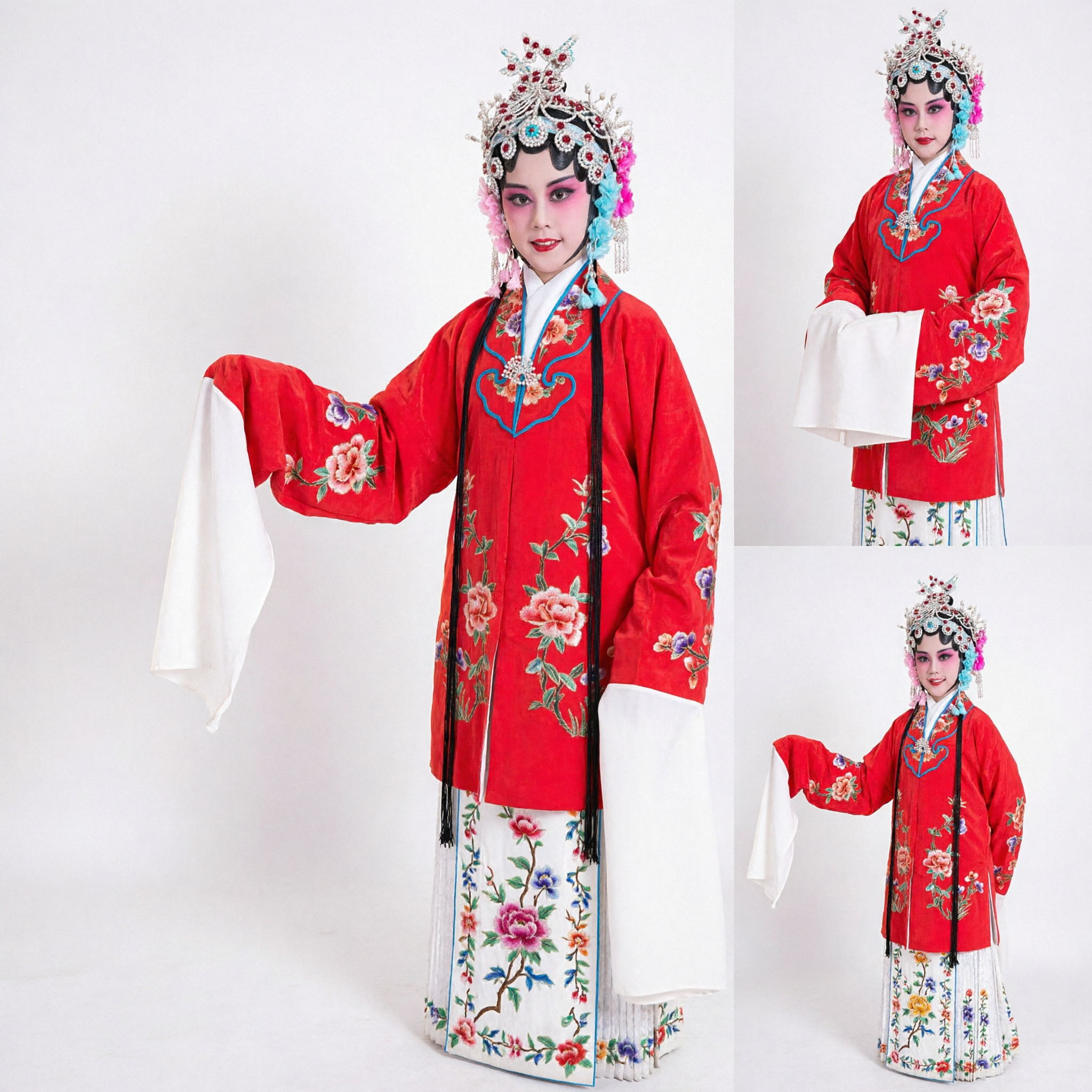 전통 중국 경극 의상 빨간색 로브 꽃 자수 물소매 (여성 무대 공연) - Asian Costume