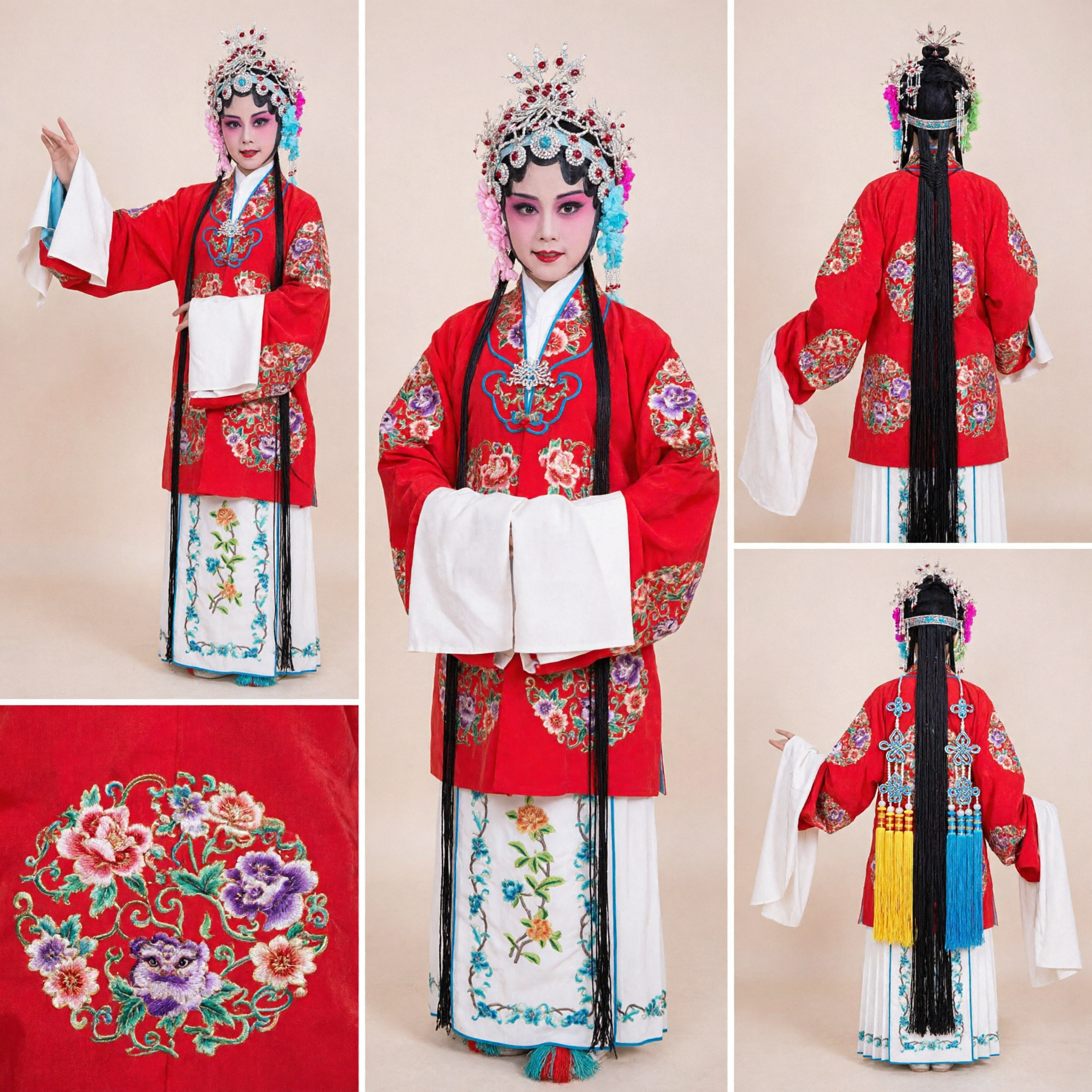 전통 중국 경극 의상 빨간색 자수 고대 여성 장군 로브 (머리장식 포함, 무대 공연) - Asian Costume