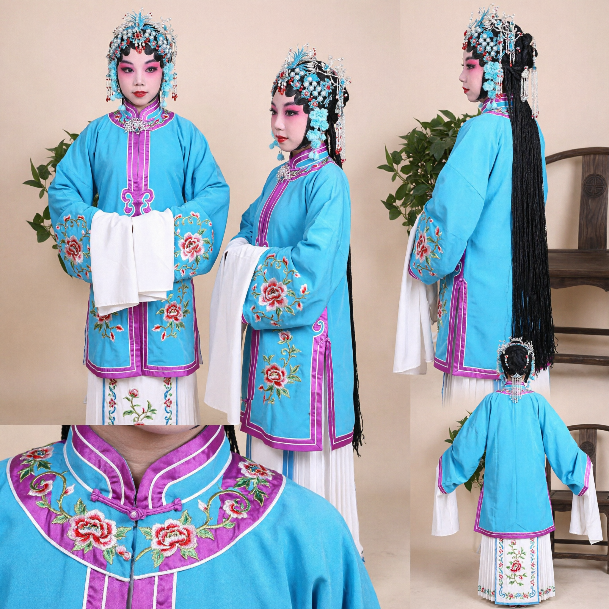 Traditioneel Chinees Peking Opera Kostuum Blauw Gewaad met Watermouwen voor Kinderen Meisjes Podiumoptreden Cosplay - Asian Costume