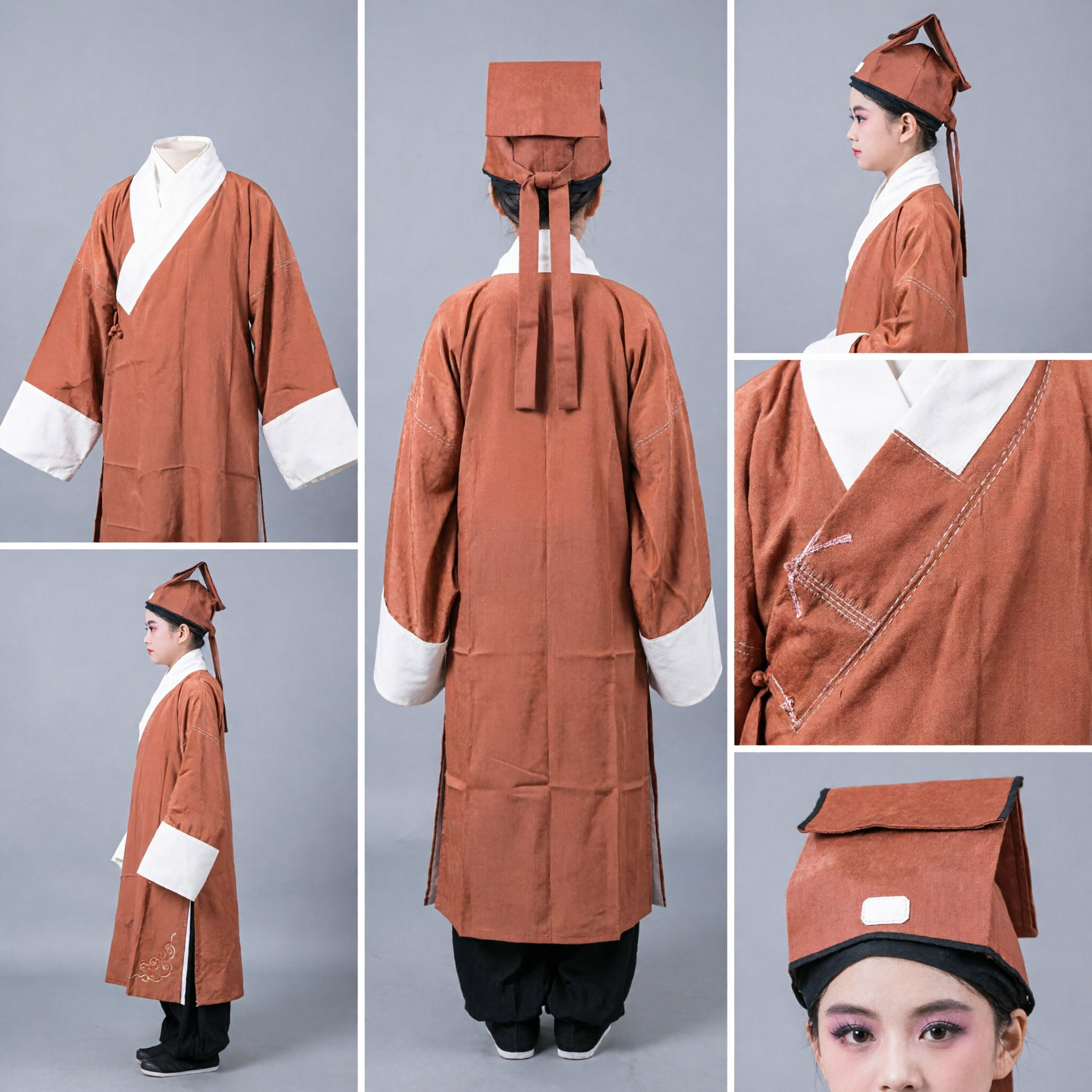 Traje de Antiguo Erudito Chino Tradicional para Niños Túnica Hanfu Marrón con Sombrero para Niños para Actuaciones en el Escenario - Asian Costume