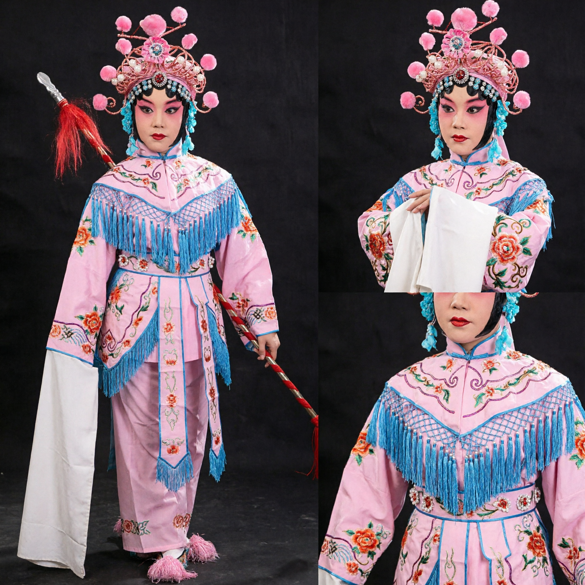 Costume traditionnel de l'opéra de Pékin - Ensemble rose Wu Dan de guerrière martiale féminine brodé avec coiffure pour spectacle d'enfants - Asian Costume