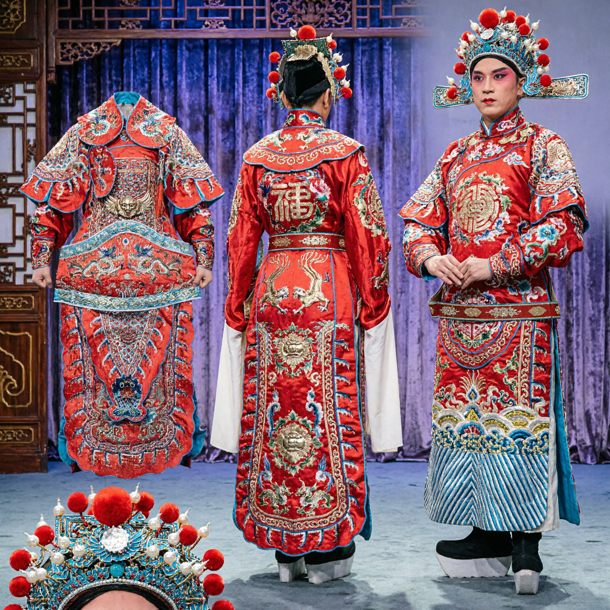 Costume Tradizionale del Generale dell'Opera di Pechino, Armatura da Guerriero Rossa Ricamata con Bandiere per Uomini, Spettacolo sul Palco - Asian Costume