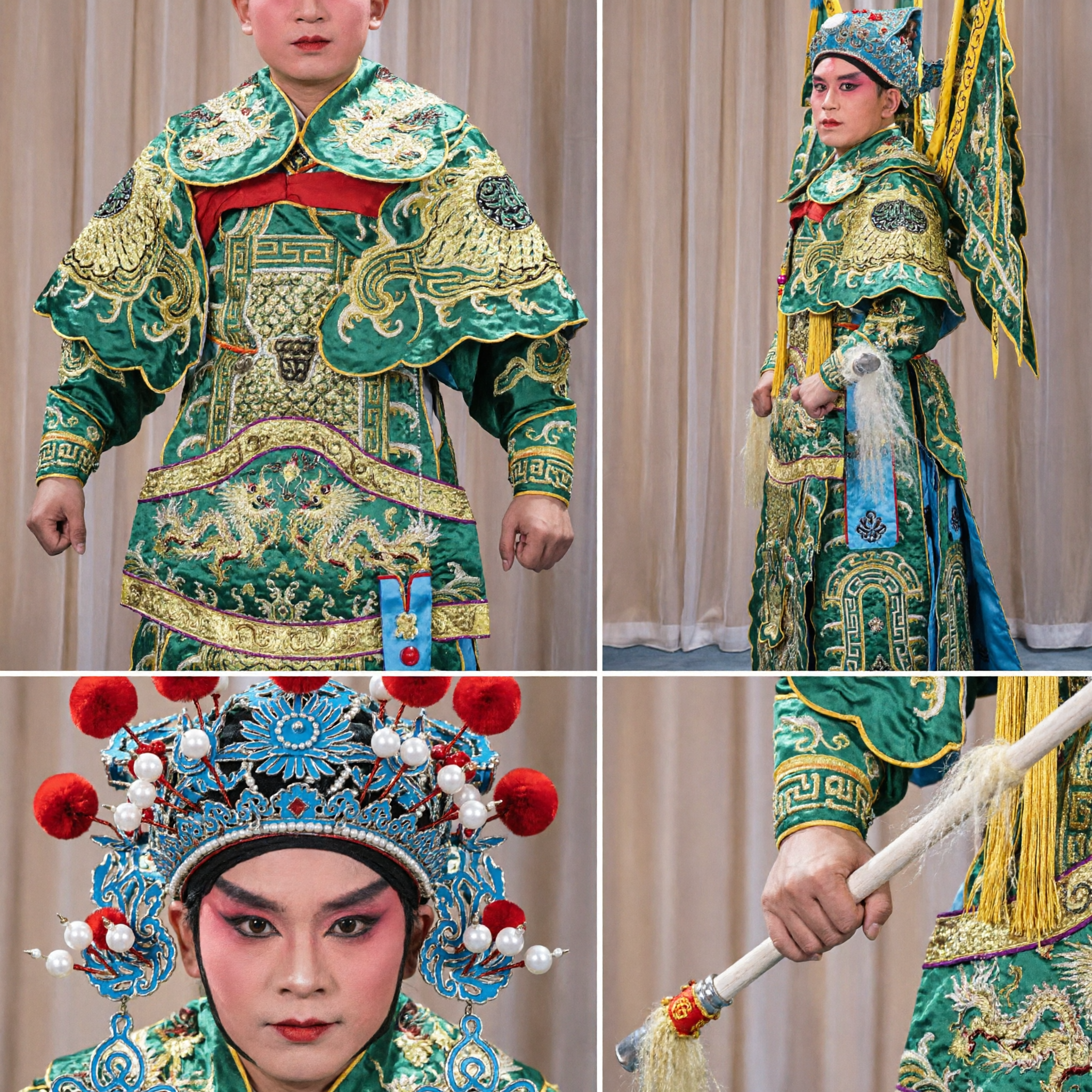 Costume Tradizionale del Generale dell'Opera di Pechino, Armatura Verde con Bandiere per Uomini, Spettacolo sul Palco - Asian Costume