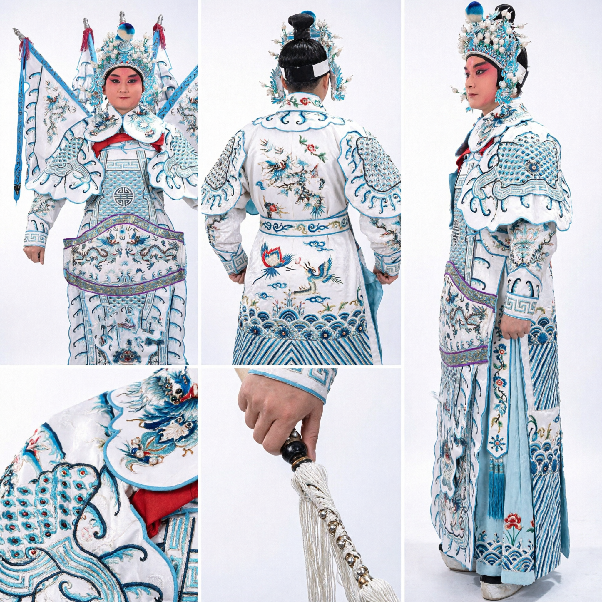 Traditionelles chinesisches Peking-Oper-Generalkostüm, weiße und blaue Drachenstickerei-Rüstung mit Fahnen für Bühnenauftritte - Asian Costume