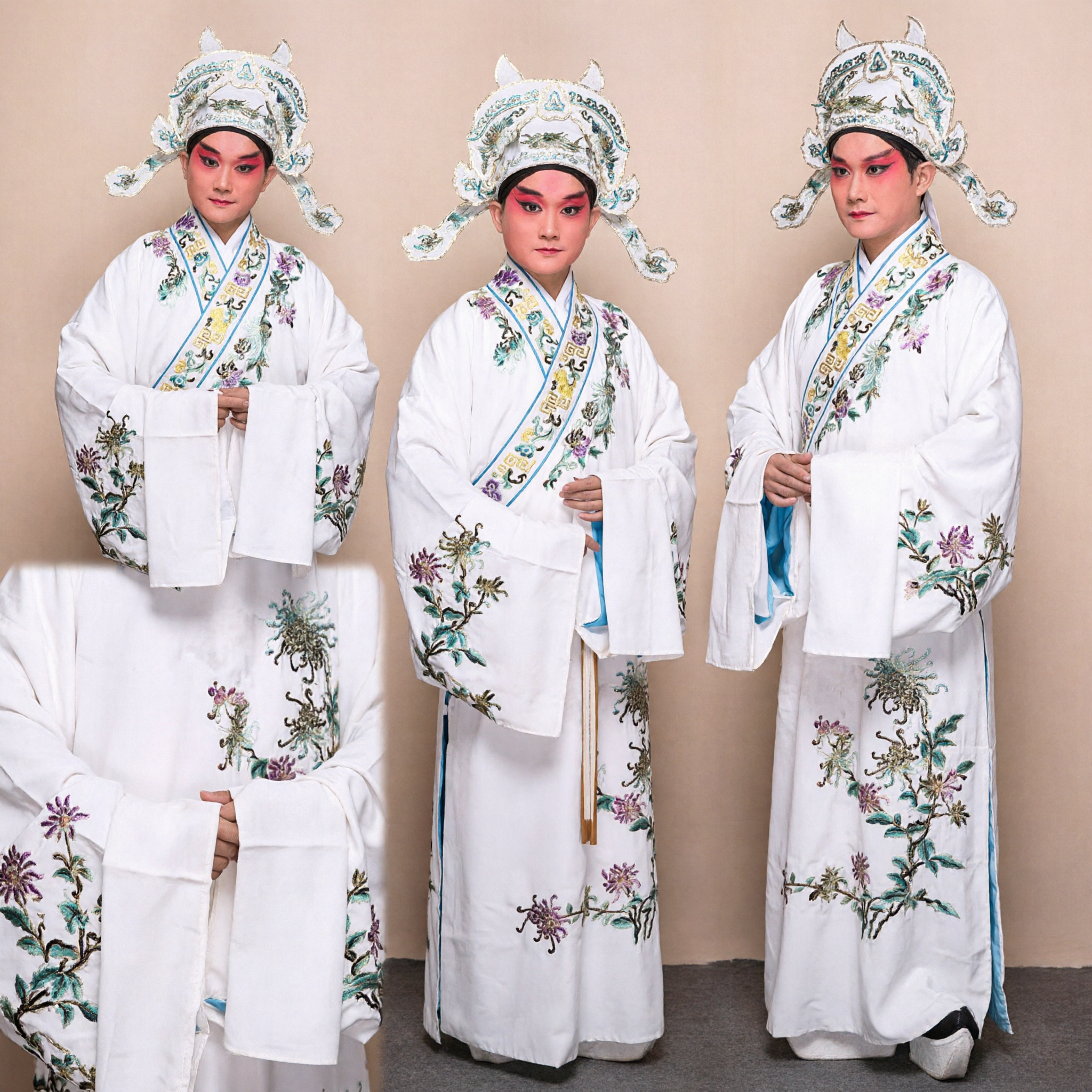 Costume Tradizionale dell'Opera di Pechino, Veste da Studente Xiaosheng Bianca con Ricamo e Set di Cappello per Uomini - Asian Costume