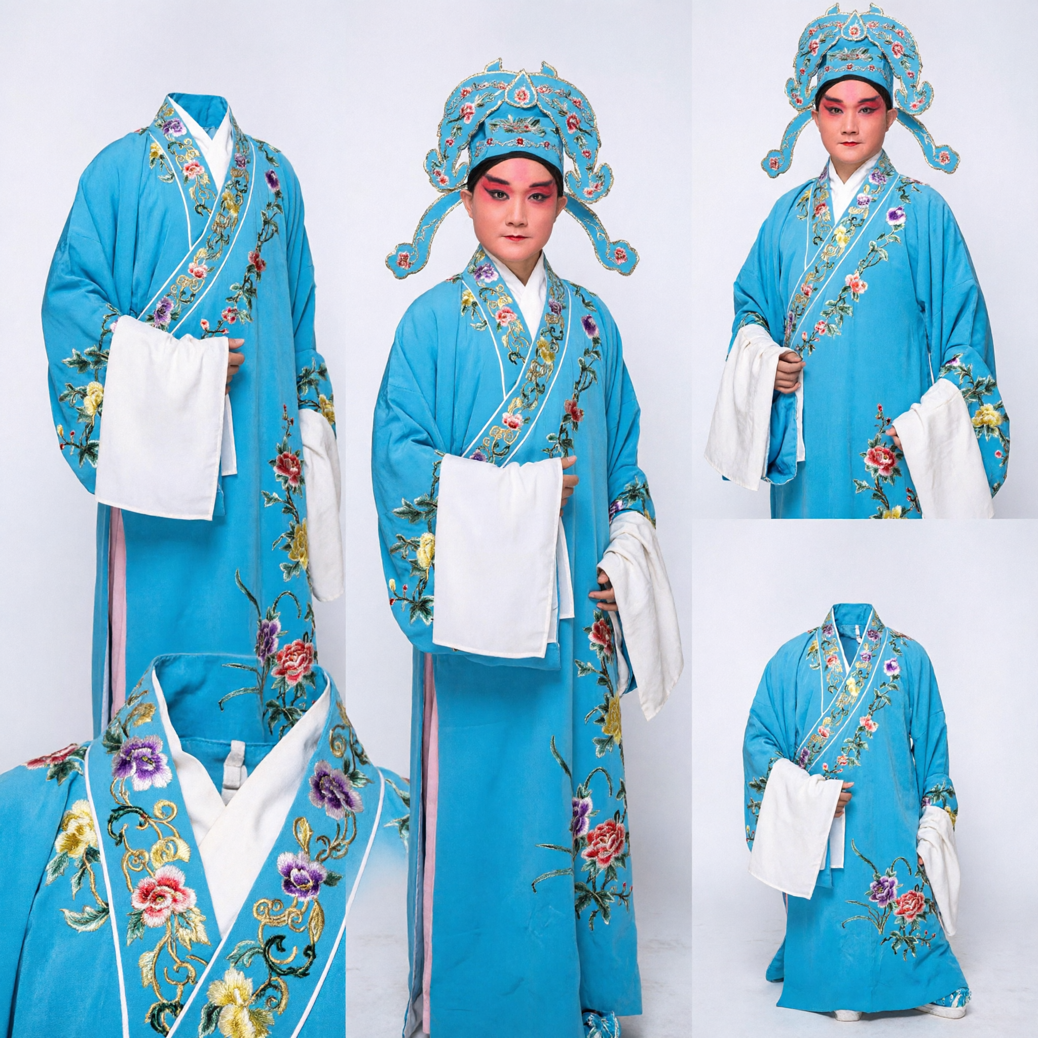 Traditional Blue Chinese Opera Costume Peking Opera Scholar Robe with Floral Embroidery for Men - Asian Costume