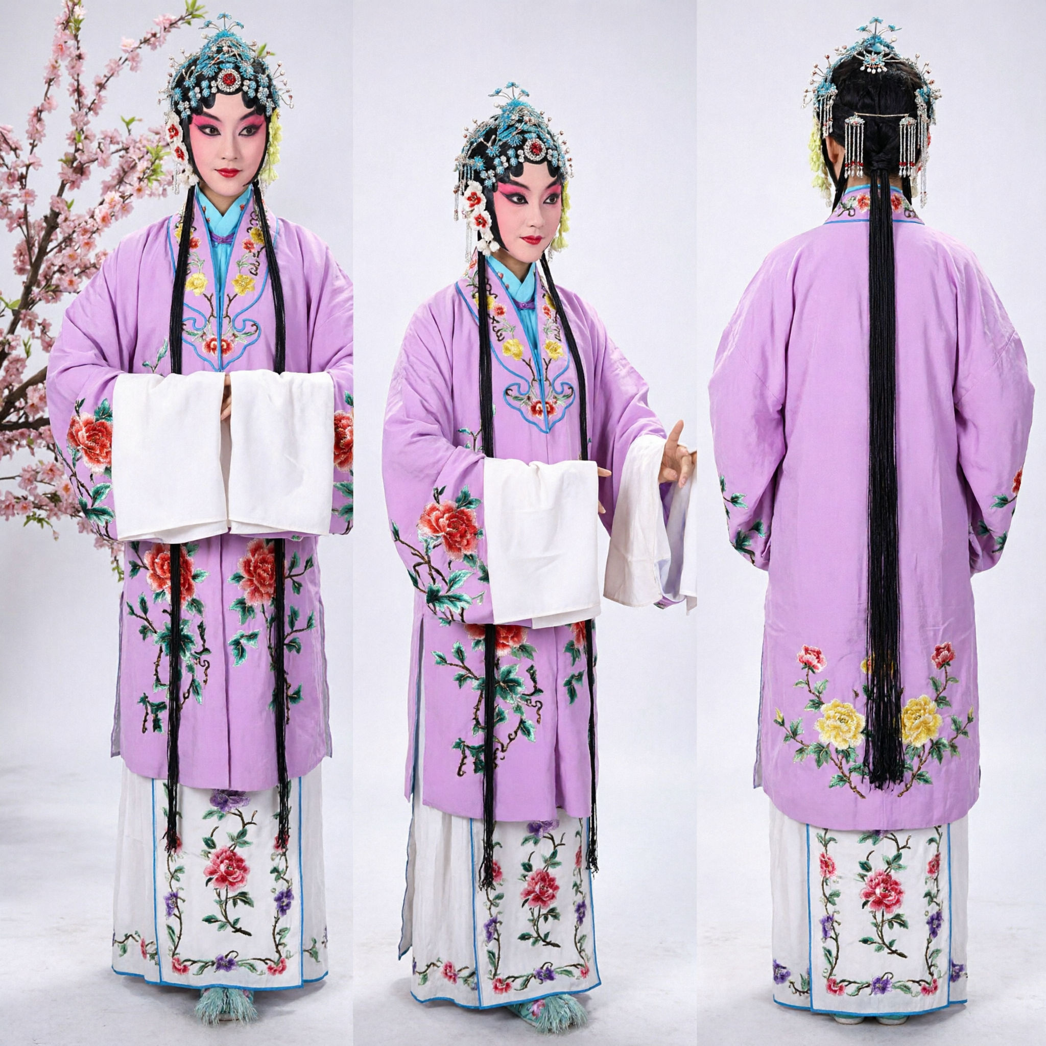 전통 중국 경극 복장 여성용 자주색 자수 로브 (무대 공연 드레스, 수소매 포함) - Asian Costume
