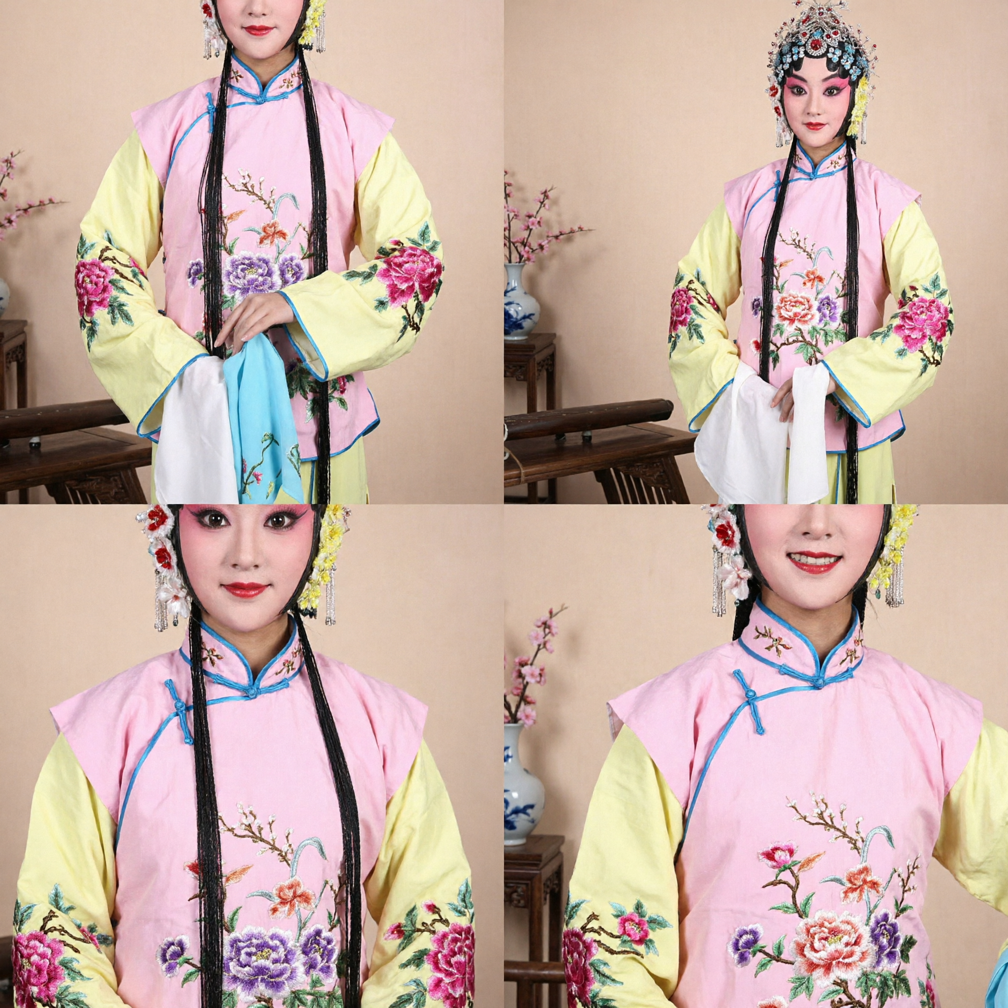 Costume traditionnel de l'opéra de Pékin pour le rôle féminin Dan - Ensemble complet de robe brodée rose et jaune pour performance - Asian Costume