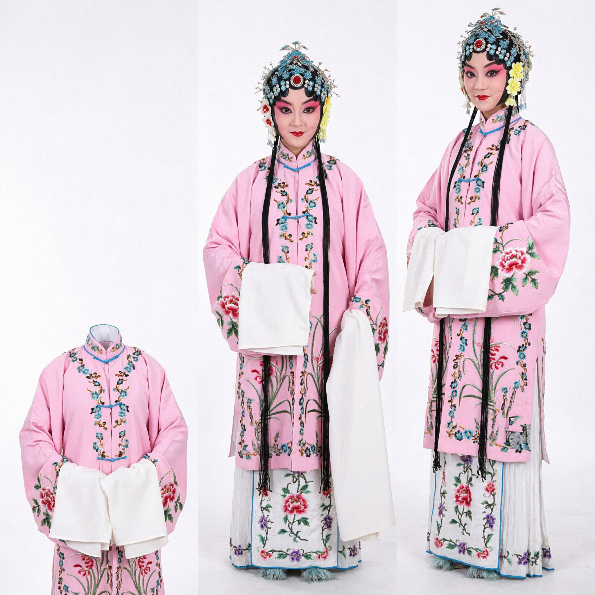 전통 중국 베이징 오페라 복장 분홍색 자수 로브 (여성 무대 공연용, 수소매 포함) - Asian Costume