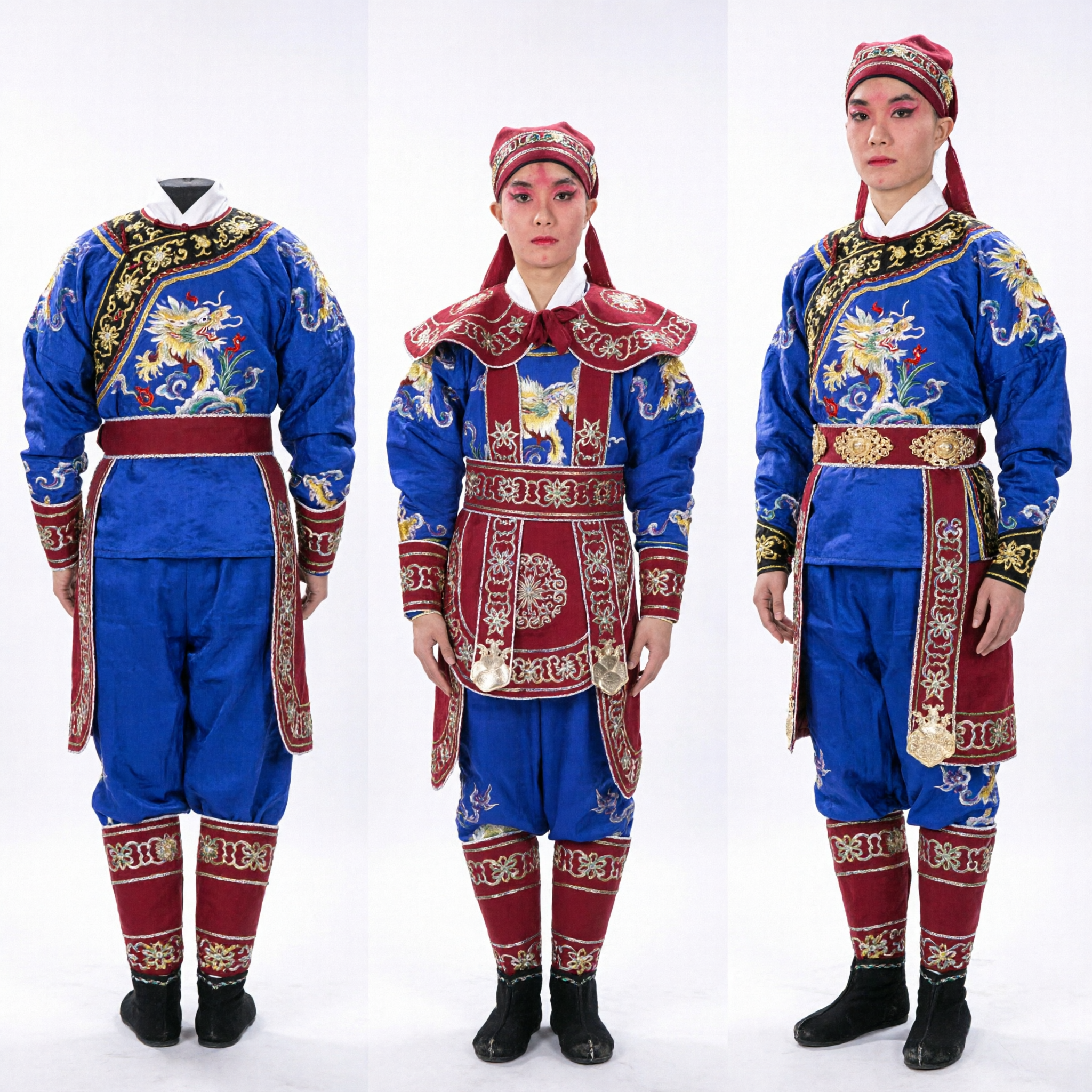 Costume Tradizionale del Generale dell'Opera di Pechino, Armatura da Guerriero Blu e Rossa Ricamata per Uomini, Spettacolo sul Palco - Asian Costume