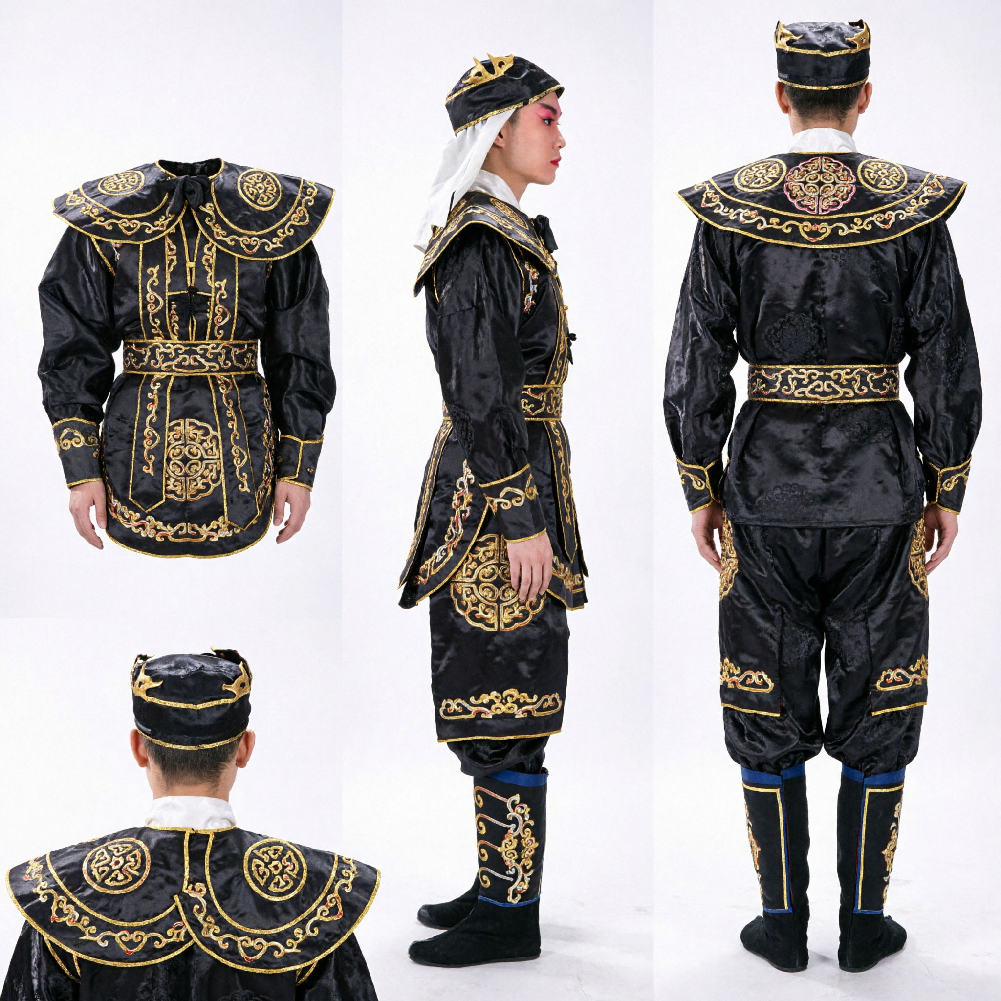 Costume Tradizionale del Generale dell'Opera di Pechino, Armatura da Guerriero Nera con Ricami Oro per Uomini, Spettacolo sul Palco - Asian Costume