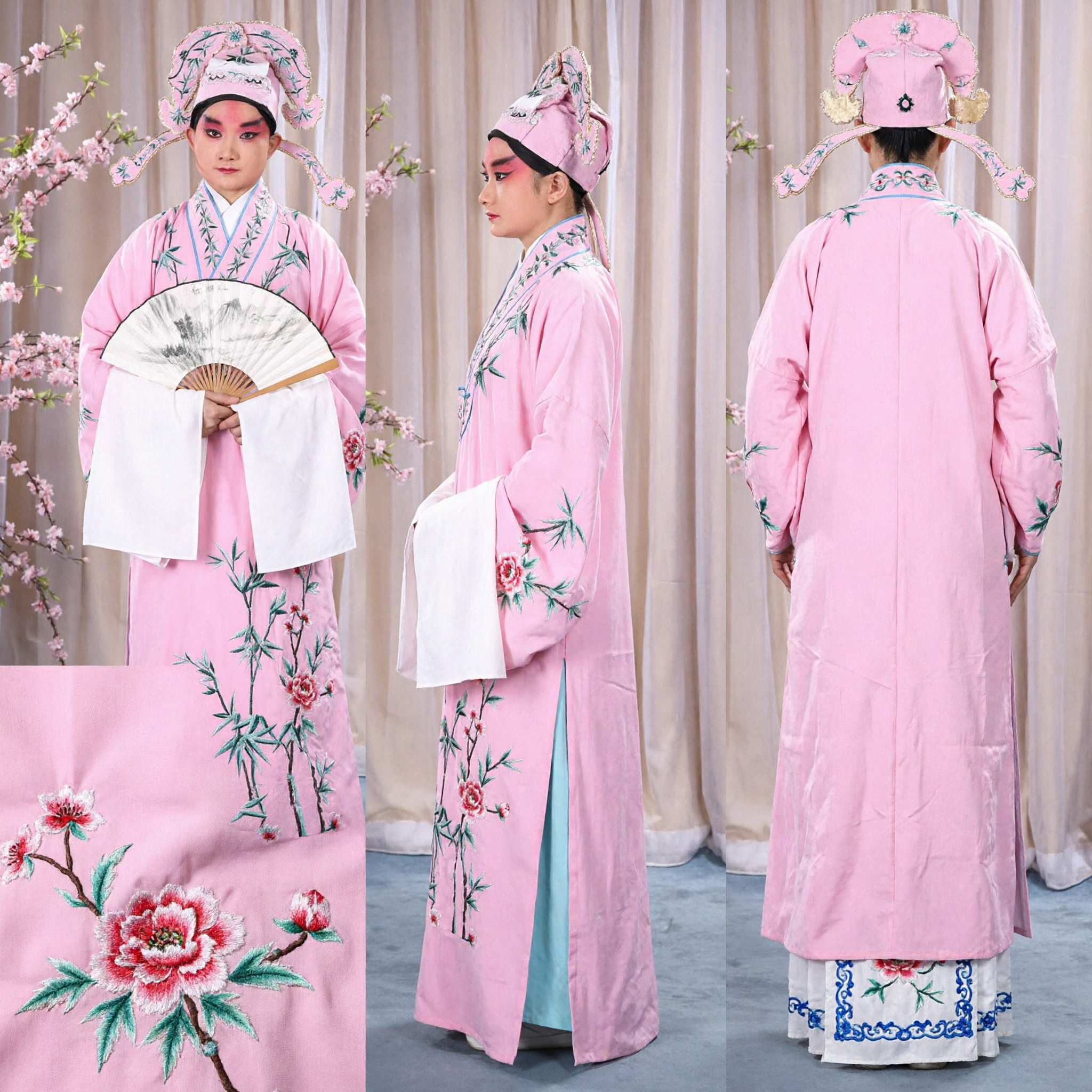 Traje de la Ópera China Tradicional Túnica de Erudito Rosa con Bordado de Bambú Conjunto Completo Xiaosheng para Actuación - Asian Costume