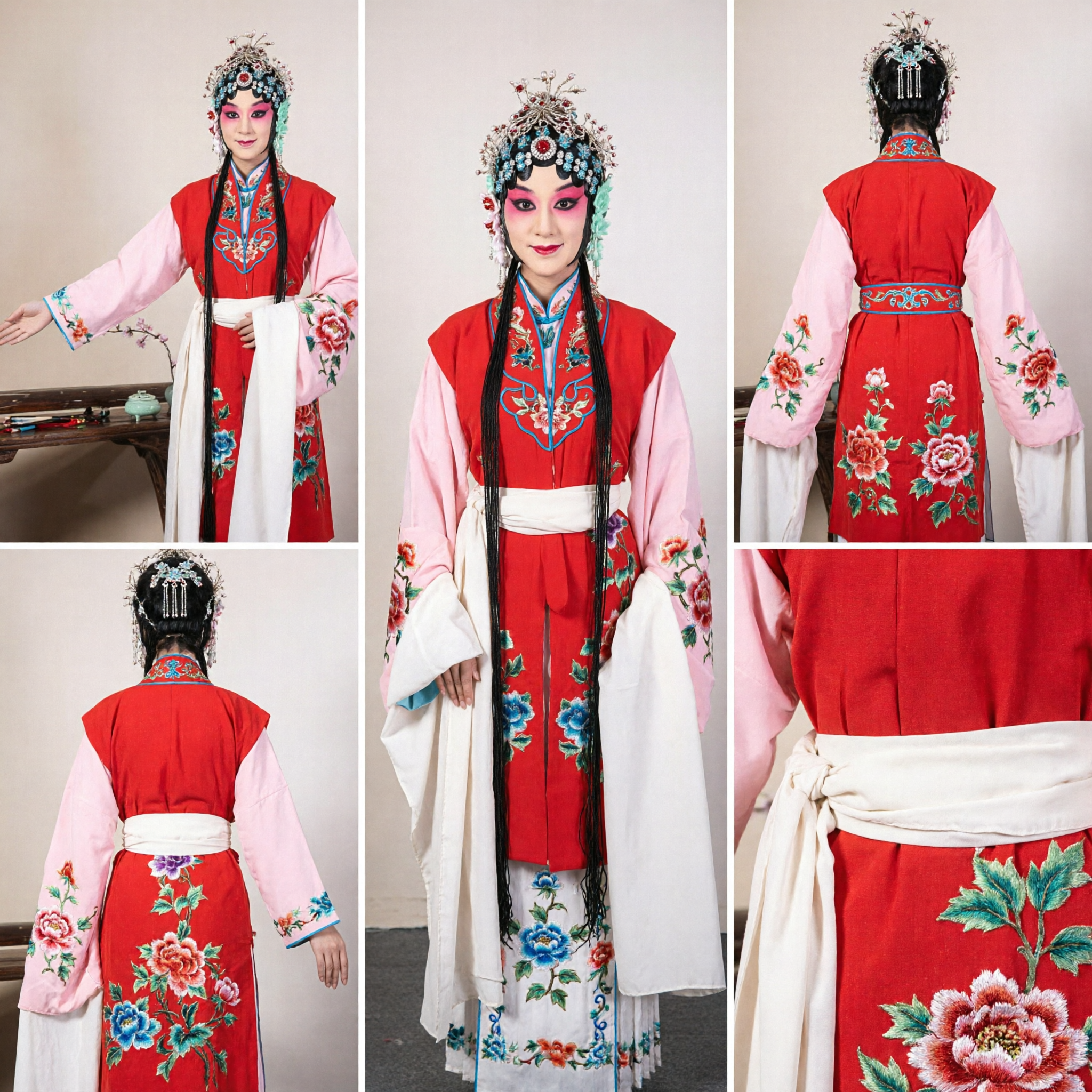 Costume Tradizionale dell'Opera di Pechino Cinese Set Completo da Guerriera Femminile Gilet Rosso Ricamato Maniche Rosa Copricapo per Spettacoli Teatrali - Asian Costume