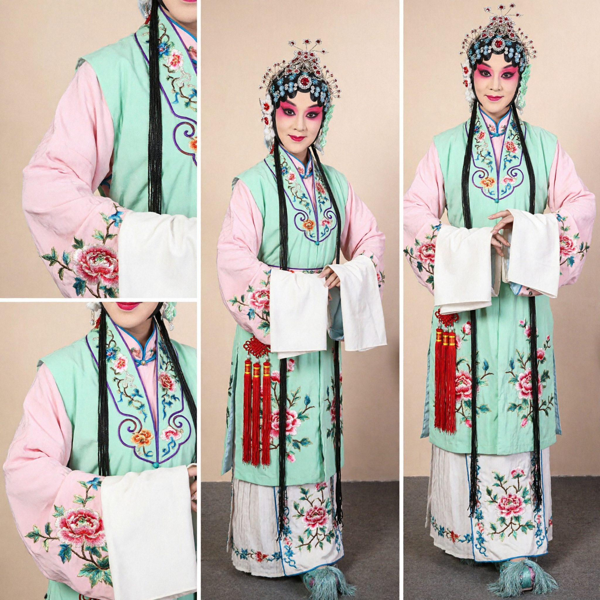 Costume traditionnel de l'Opéra de Pékin pour femmes - Ensemble de robe à broderie florale verte avec coiffe et éventail - Asian Costume