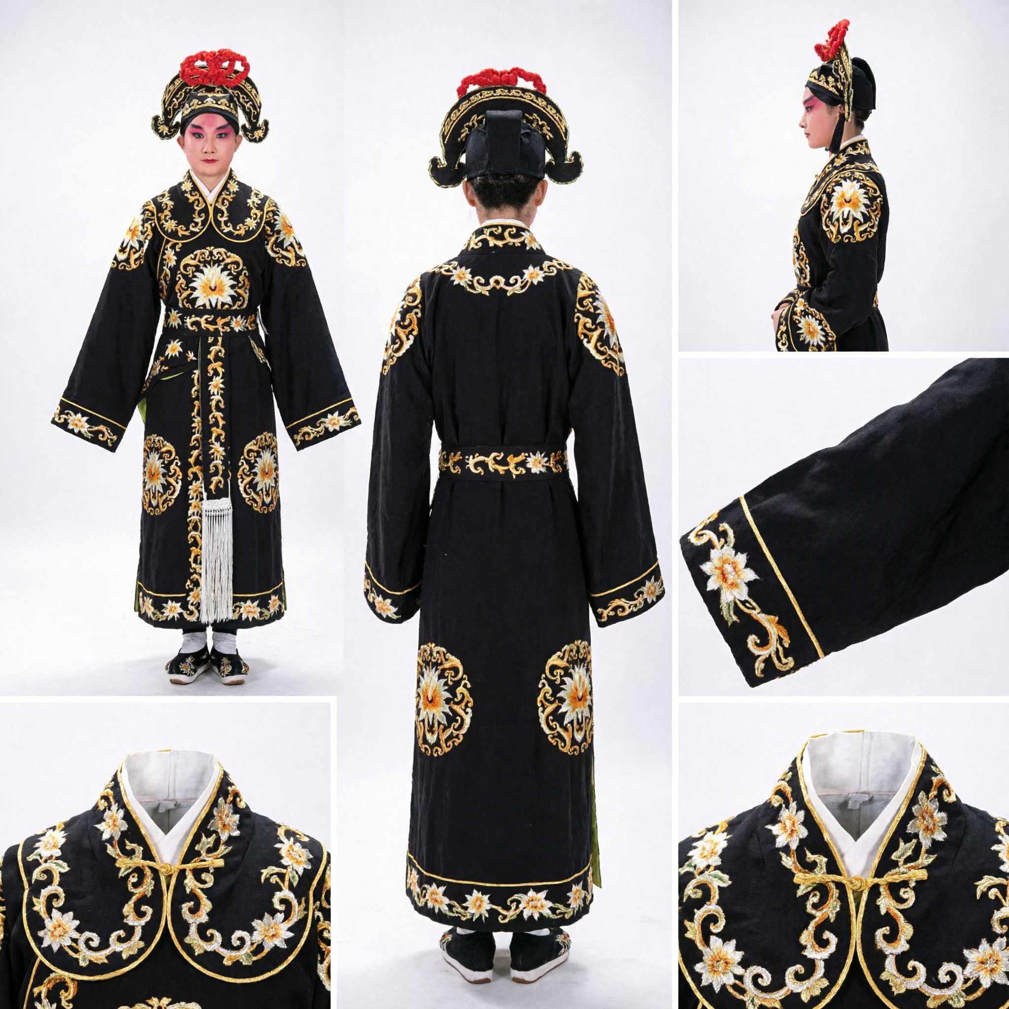 Costume Tradizionale dell'Opera di Pechino Cinese da Generale per Uomini Toga da Guerriero Nero Oro Ricamata con Copricapo e Lancia - Asian Costume