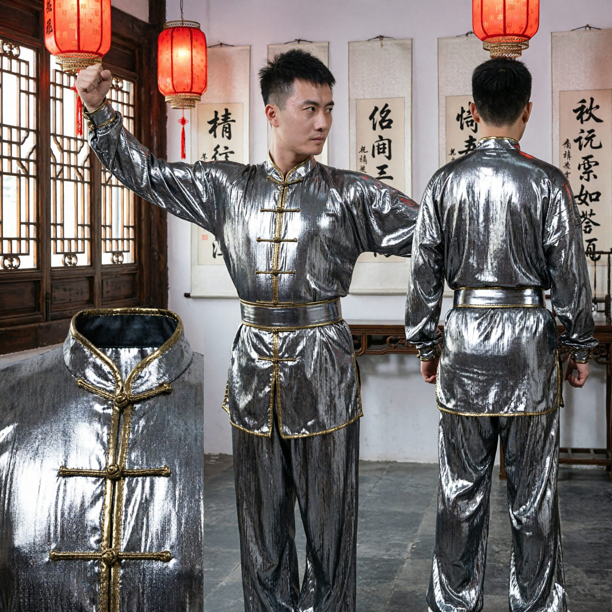 Heren Metallic Grijs Kung Fu Uniform Traditioneel Tai Chi Wushu Martial Arts Optreden Pak - Asian Costume