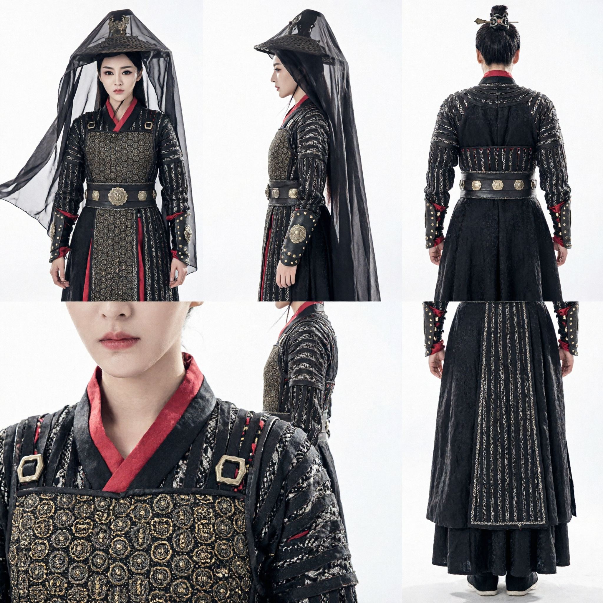 Costume d'épéiste Wuxia de la Chine ancienne, tenue Hanfu noire d'assassin avec chapeau à large bord et voile pour cosplay féminin - Asian Costume