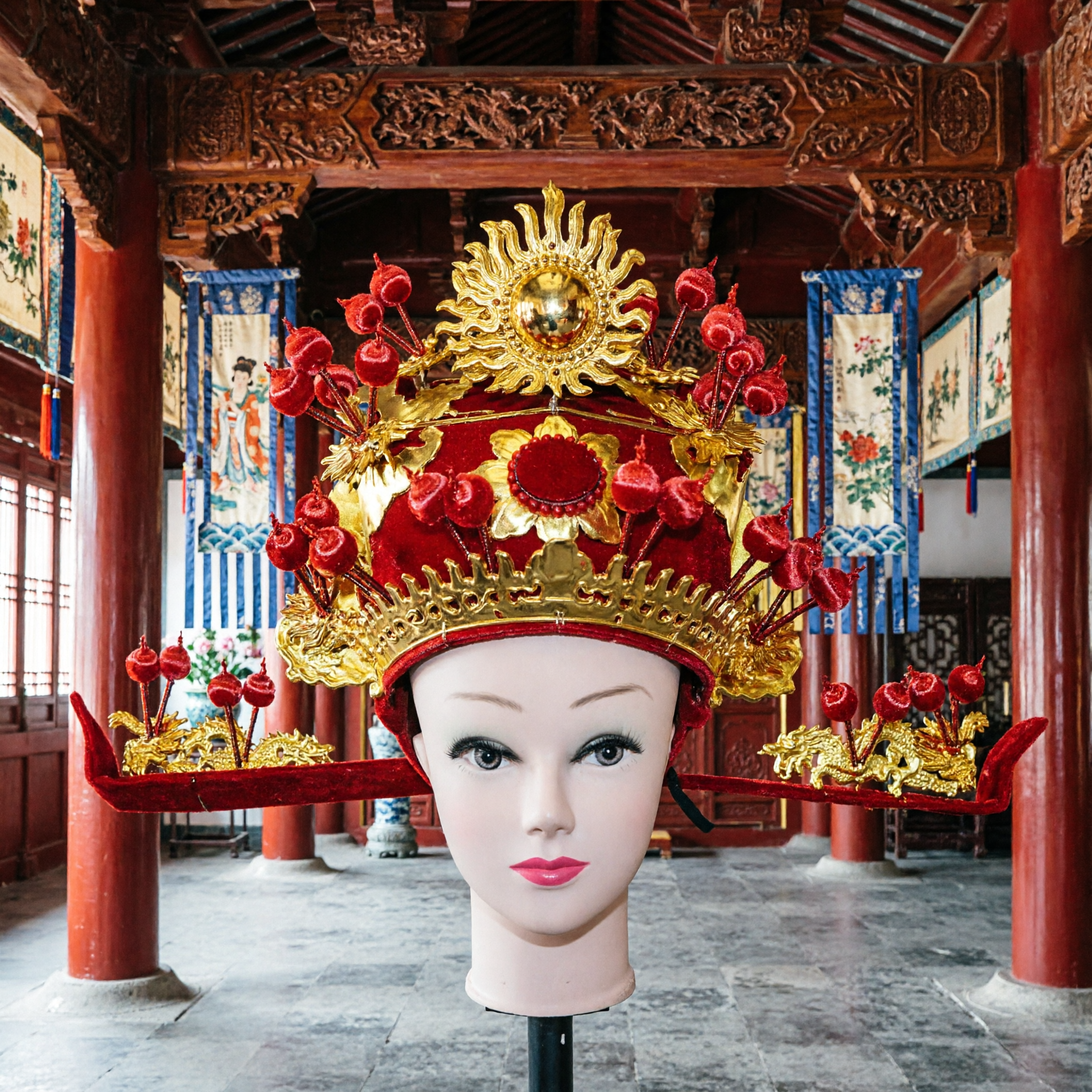 Tocado Tradicional de la Ópera de Pekín Chino, Corona Antigua de Emperatriz Fénix de Terciopelo Rojo y Oro, Accesorio para Presentaciones en Escenario - Asian Costume