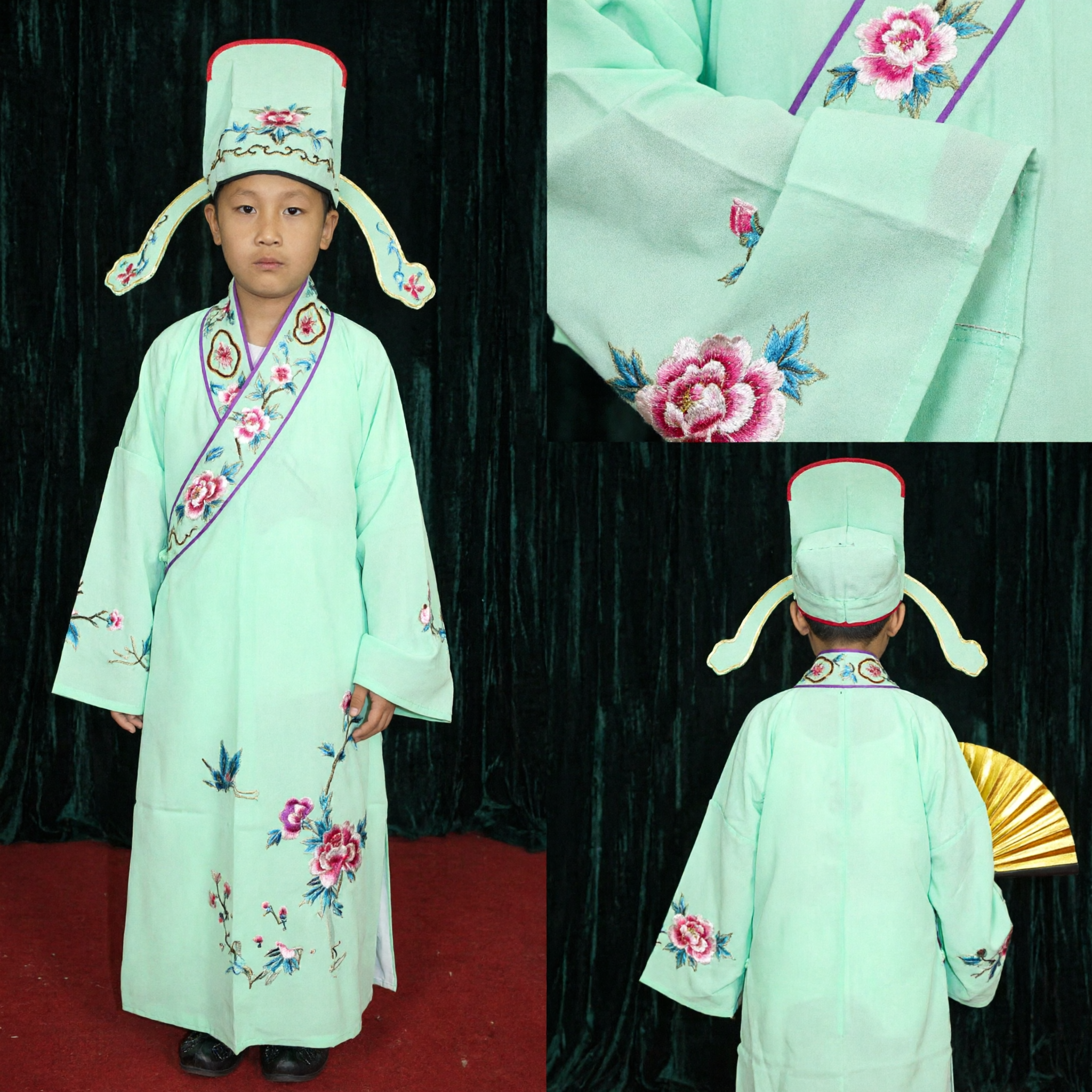 Costume de lettré traditionnel chinois pour garçons/enfants, ensemble robe Hanfu ancienne avec chapeau et éventail pour spectacle scénique - Asian Costume