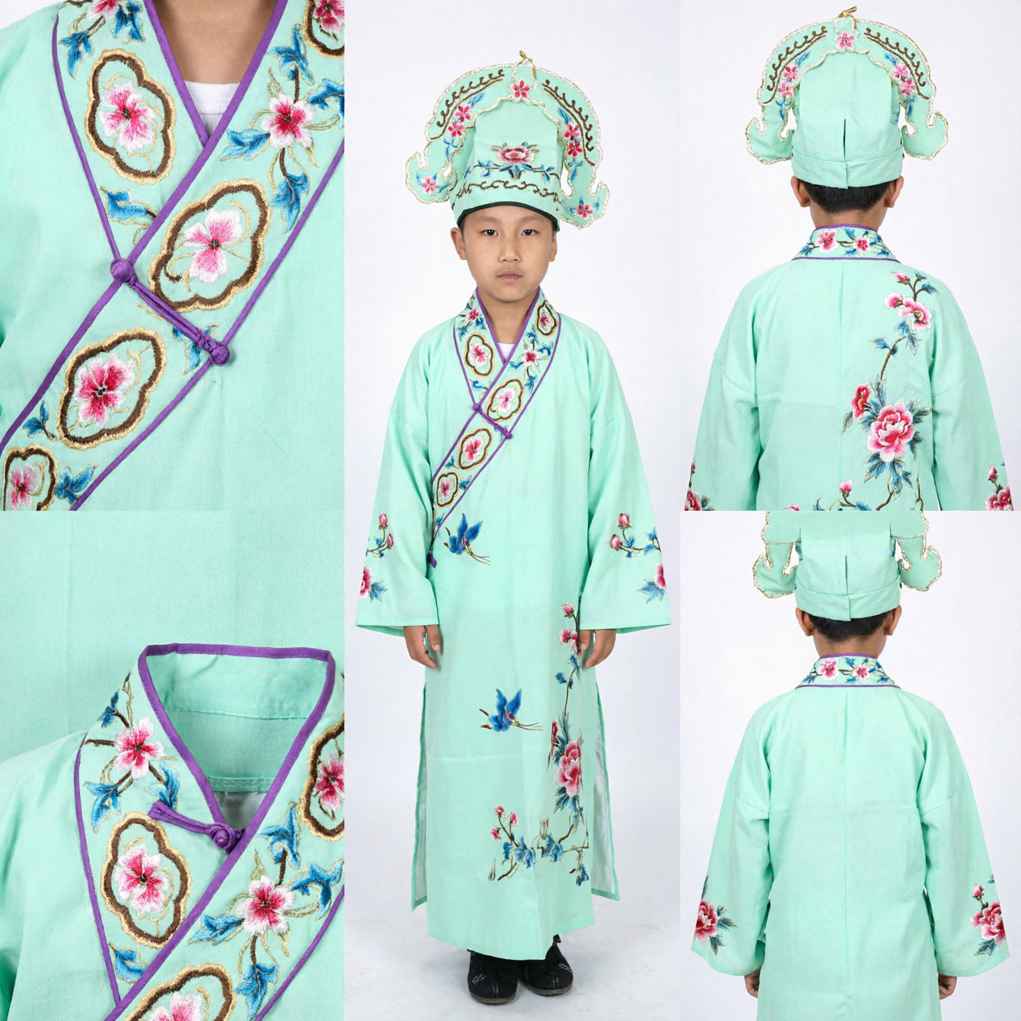 Traditional Chinese Scholar Costume for Boys Kids Ancient Hanfu Robe Embroidered Green Outfit with Hat Fan Set - Asian Costume