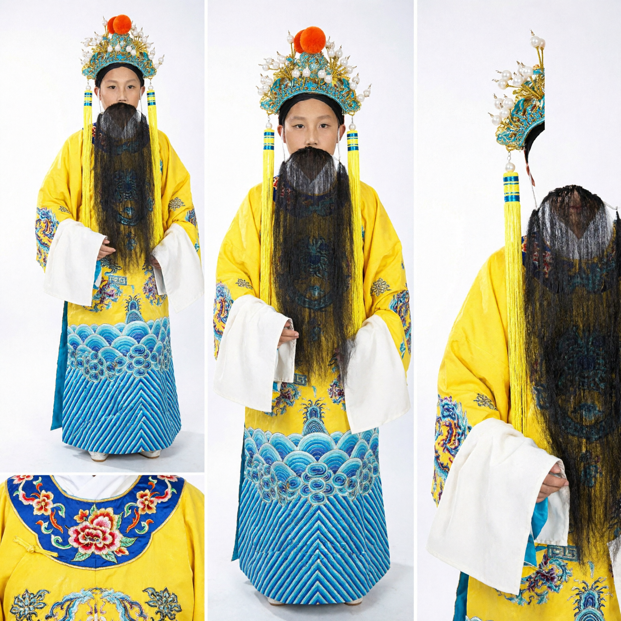 Costume da imperatore tradizionale dell'Opera di Pechino cinese, veste del drago gialla con barba e copricapo per esibizioni sul palco - Asian Costume