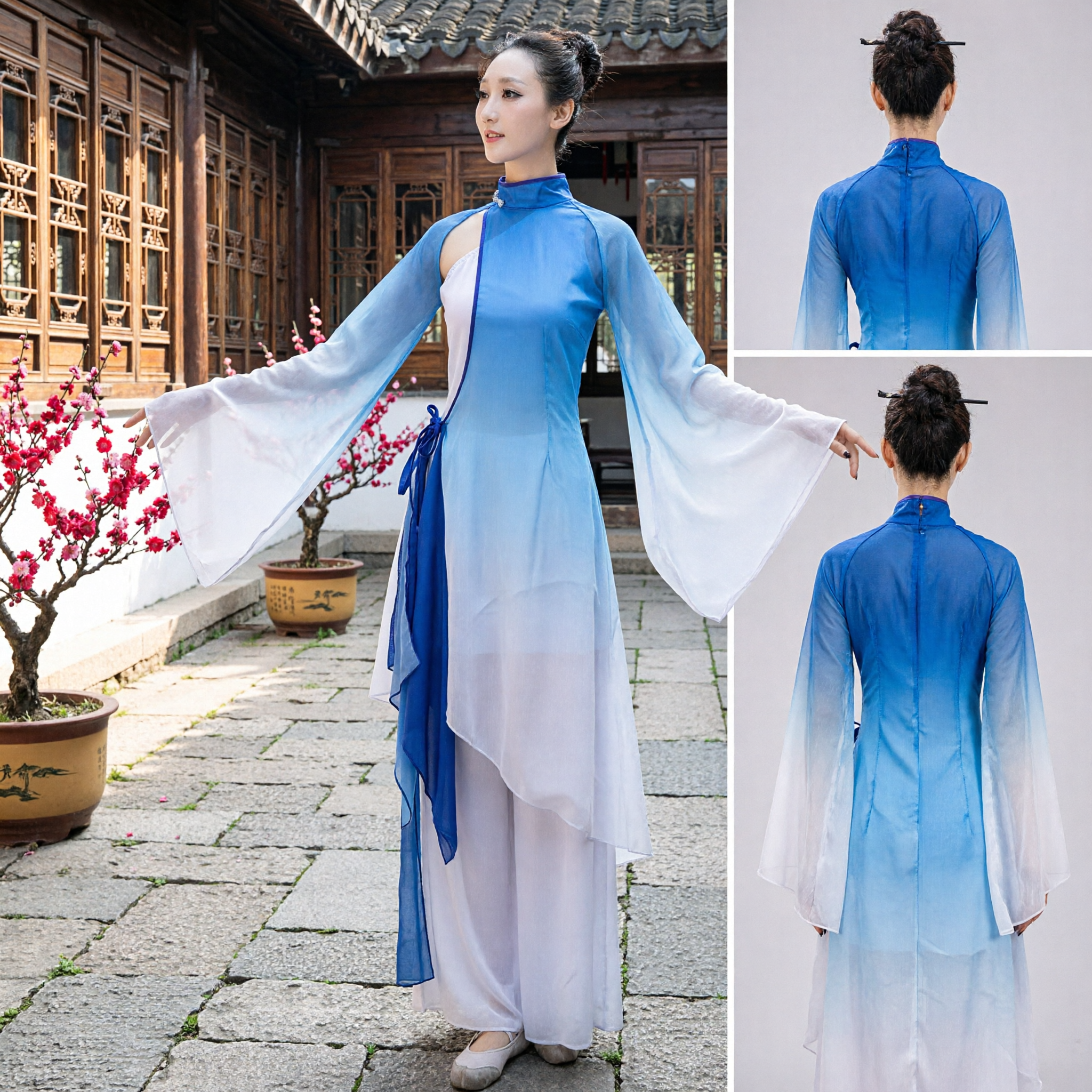 Costume de danse classique chinoise élégant à dégradé bleu, robe de danse folklorique traditionnelle pour spectacle scénique féminin - Asian Costume
