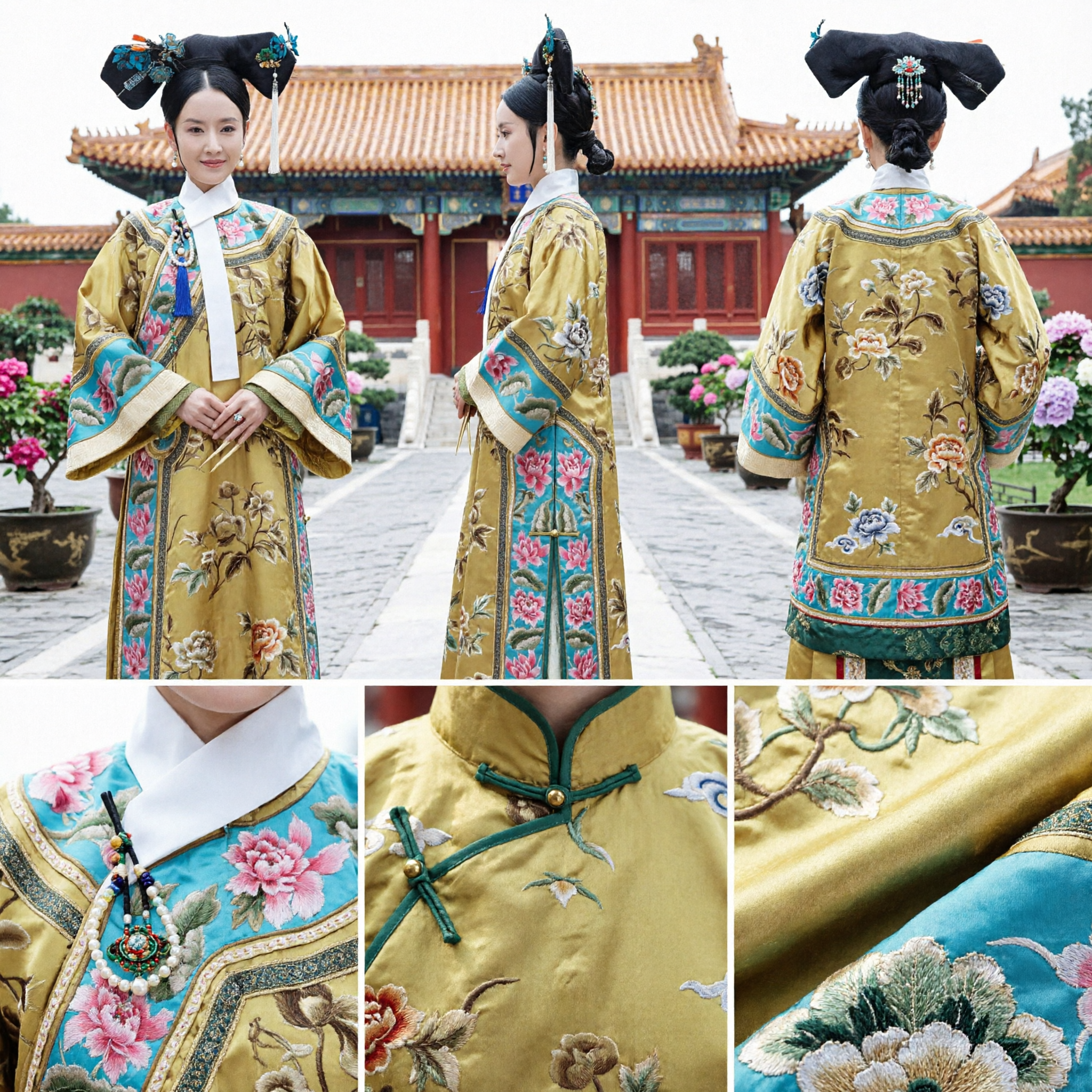 伝統中国清朝満州族王女衣装 黄色刺繍ローブ 古代宮廷ドラマ衣装 女性用 - Asian Costume
