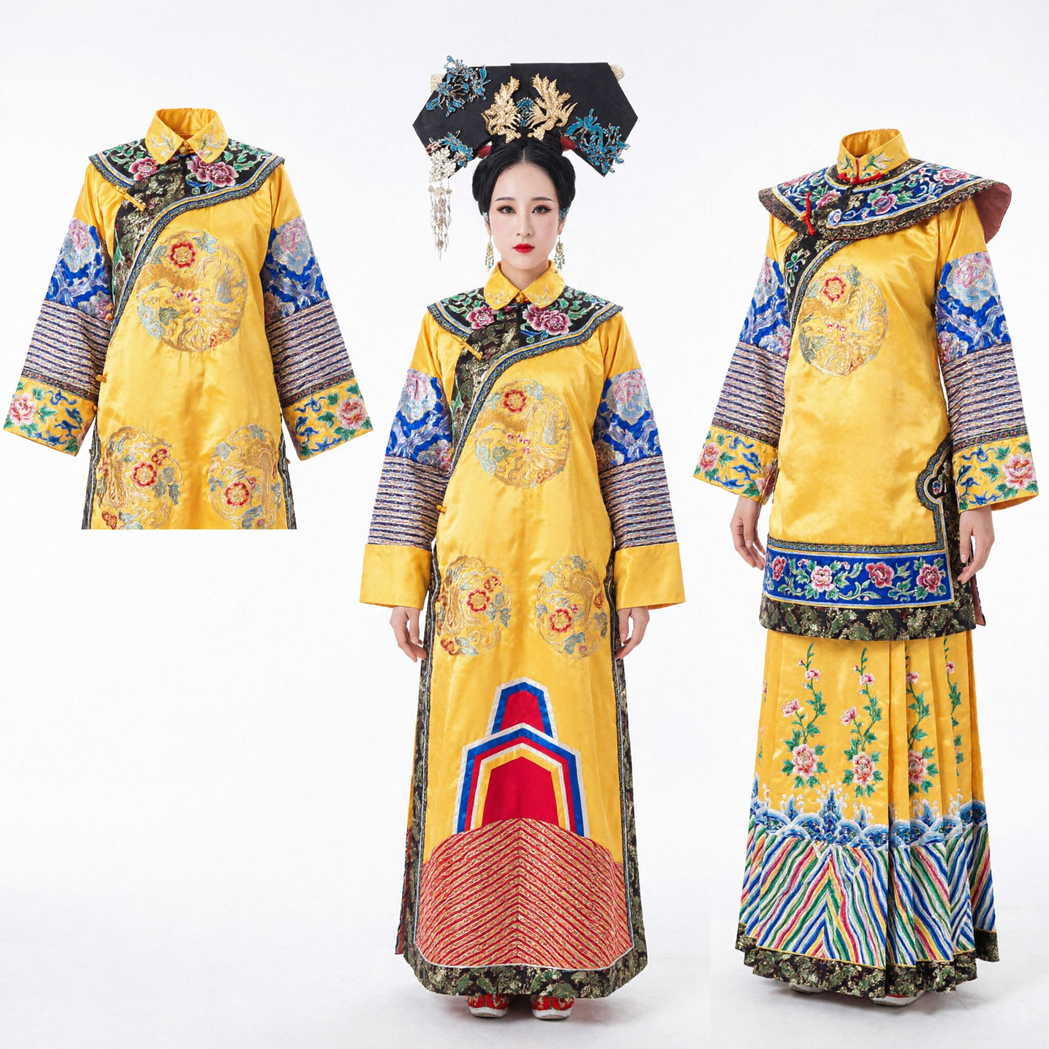 중국 전통 청나라 황후 의상 황색 용 로브 고대 궁중 드레스 여성 무대 공연 - Asian Costume