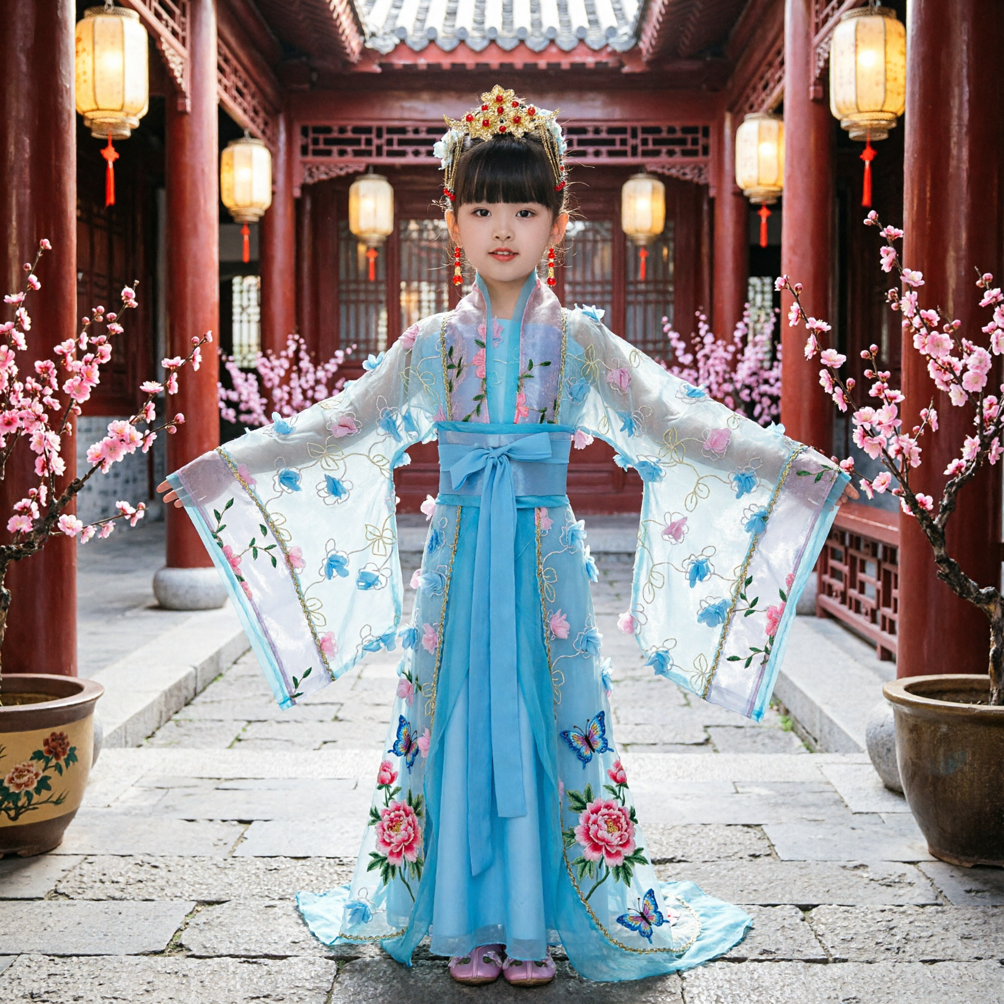 Costume Hanfu Tradizionale Cinese per Bambini Abito da Fata Antica Blu con Ricamo Floreale per Performance - Asian Costume