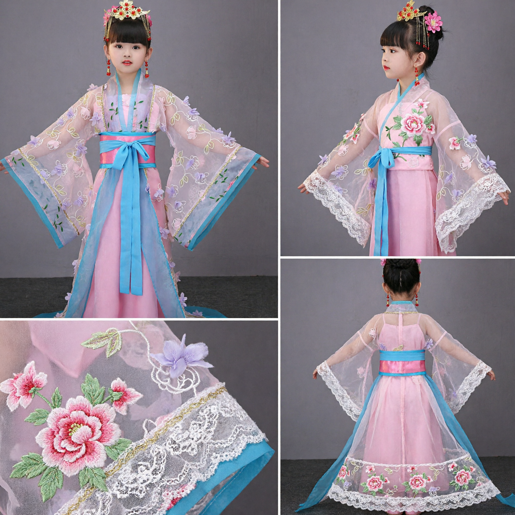 Traje Hanfu Tradicional Chino para Niñas, Vestido de Hada de la Dinastía Tang Rosa con Bordado Floral para Actuación Infantil - Asian Costume