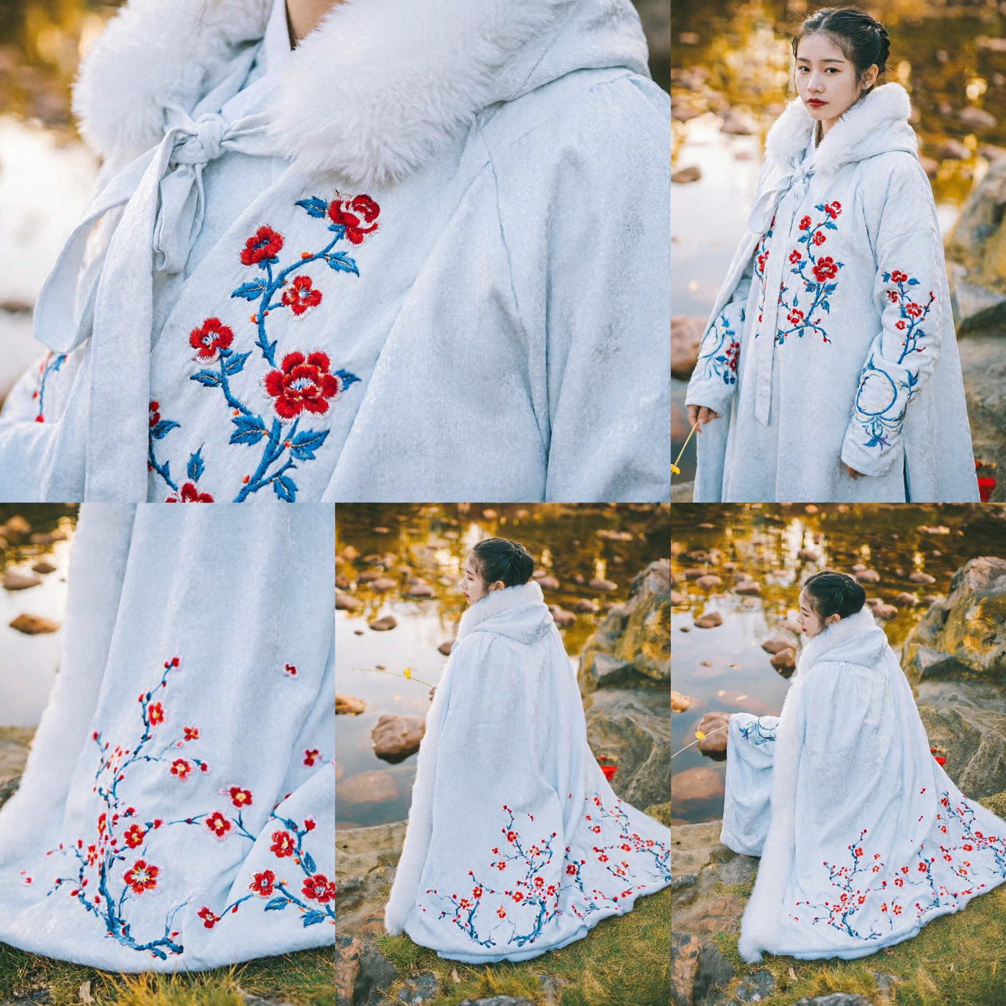 Traditioneller chinesischer Winterumhang Weißer Pelz-Kapuzencape mit roter Pflaumenblütenstickerei für Frauen - Asian Costume
