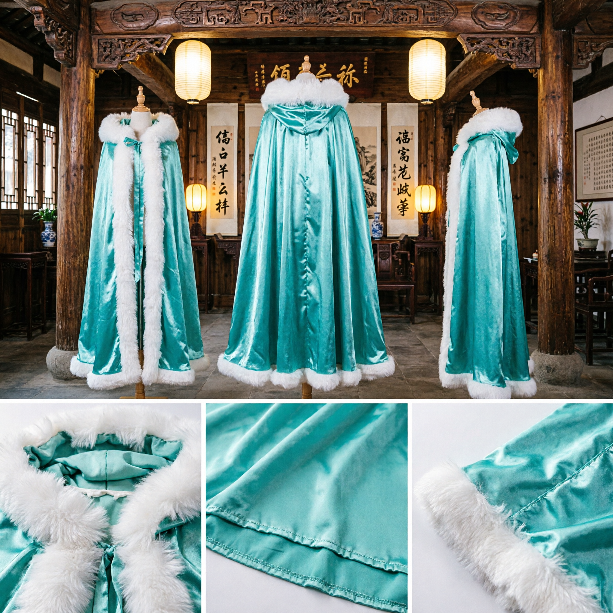 Elegant Mint Groene Hanfu Wintermantel met Witte Bontrand Capuchon Cape voor Traditioneel Kostuum Cosplay - Asian Costume