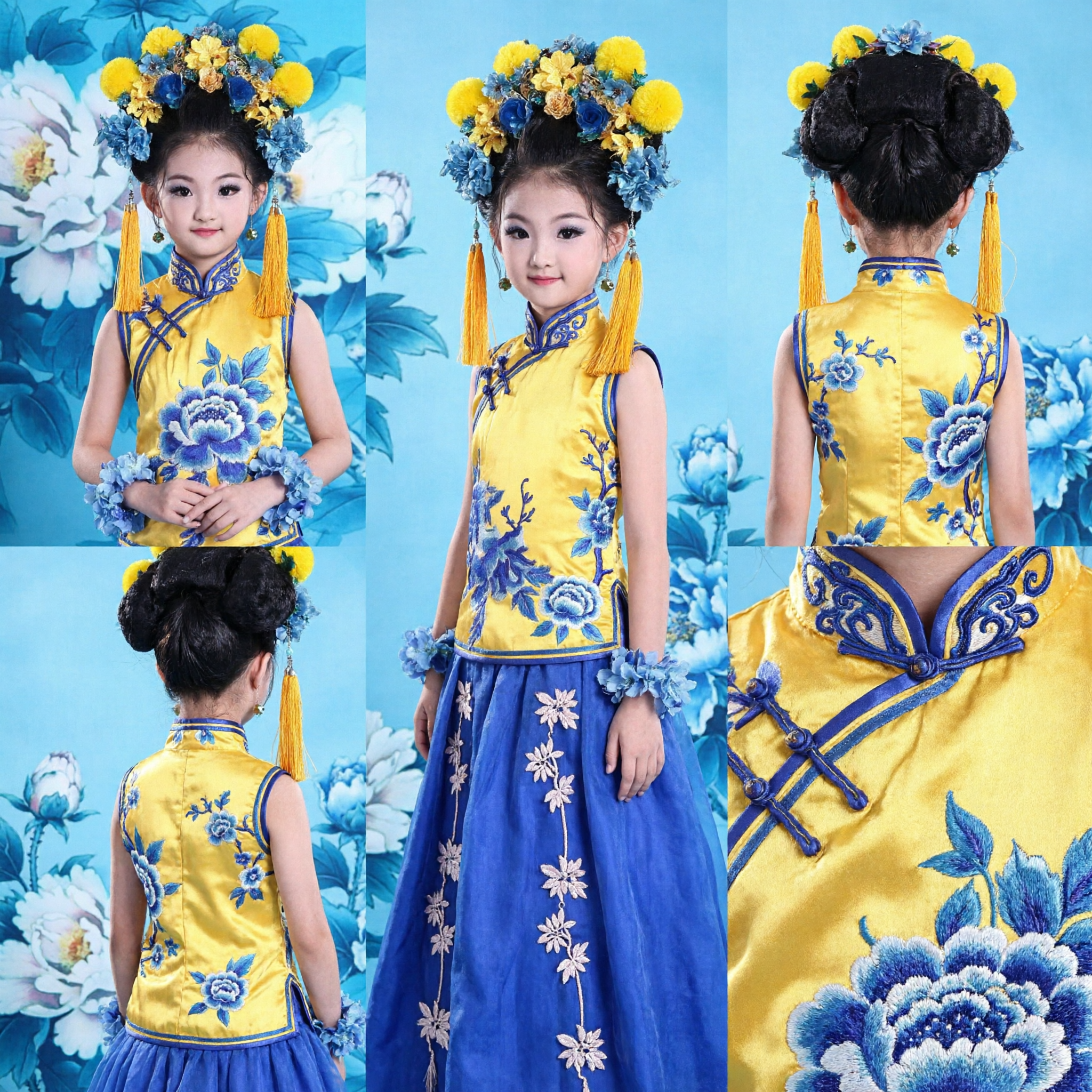 Costume Tradizionale Cinese per Bambini Top Cheongsam Giallo Gonna di Tulle Blu Abito da Principessa Antico per Ragazze per Spettacoli sul Palco - Asian Costume