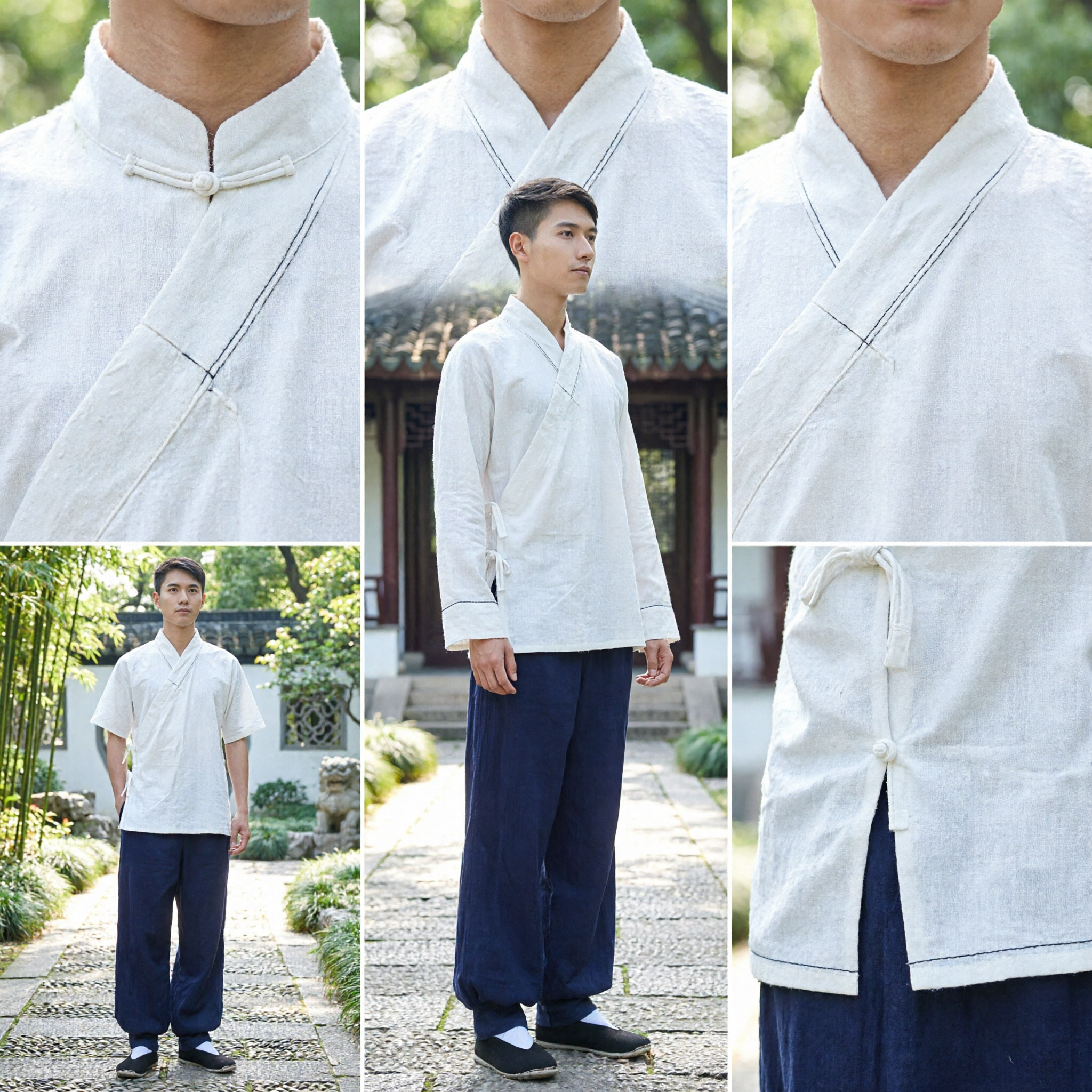 Abito Tang Tradizionale Cinese per Uomini Top a Maniche Corte Bianco Pantaloni Blu Marino per Uniforme Tai Chi Kung Fu - Asian Costume