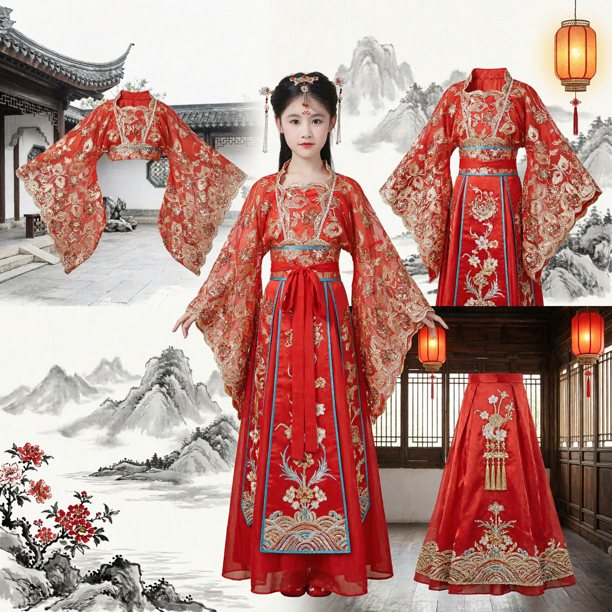 Costume Hanfu Tradizionale Cinese per Bambini Abito da Principessa Antico Rosso con Ricamo Dorato per Spettacoli sul Palco - Asian Costume