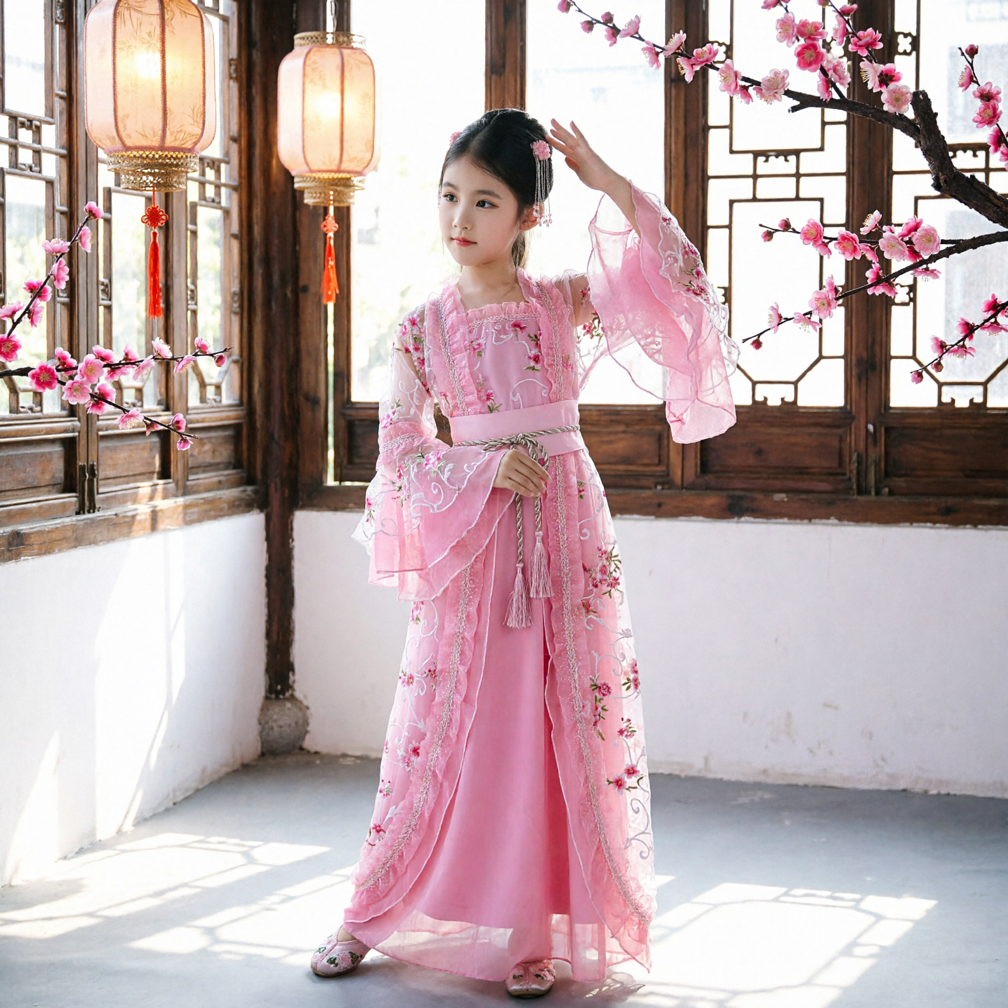 Różowa Tradycyjna Chińska Suknia Hanfu dla Dziewczynek Starożytny Kostium Wróżki Dziecięcy Haftowany Stroj na Występy Taneczne - Asian Costume