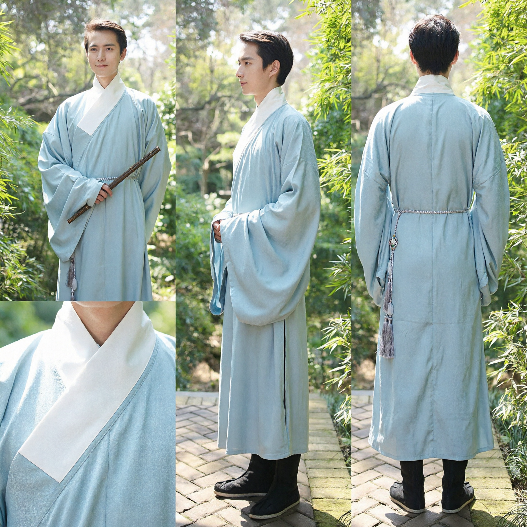Traje Hanfu Chinês Antigo para Homens Manto de Manga Larga Azul Claro Traje Tradicional de Estudioso para Cosplay e Fotografia - Asian Costume