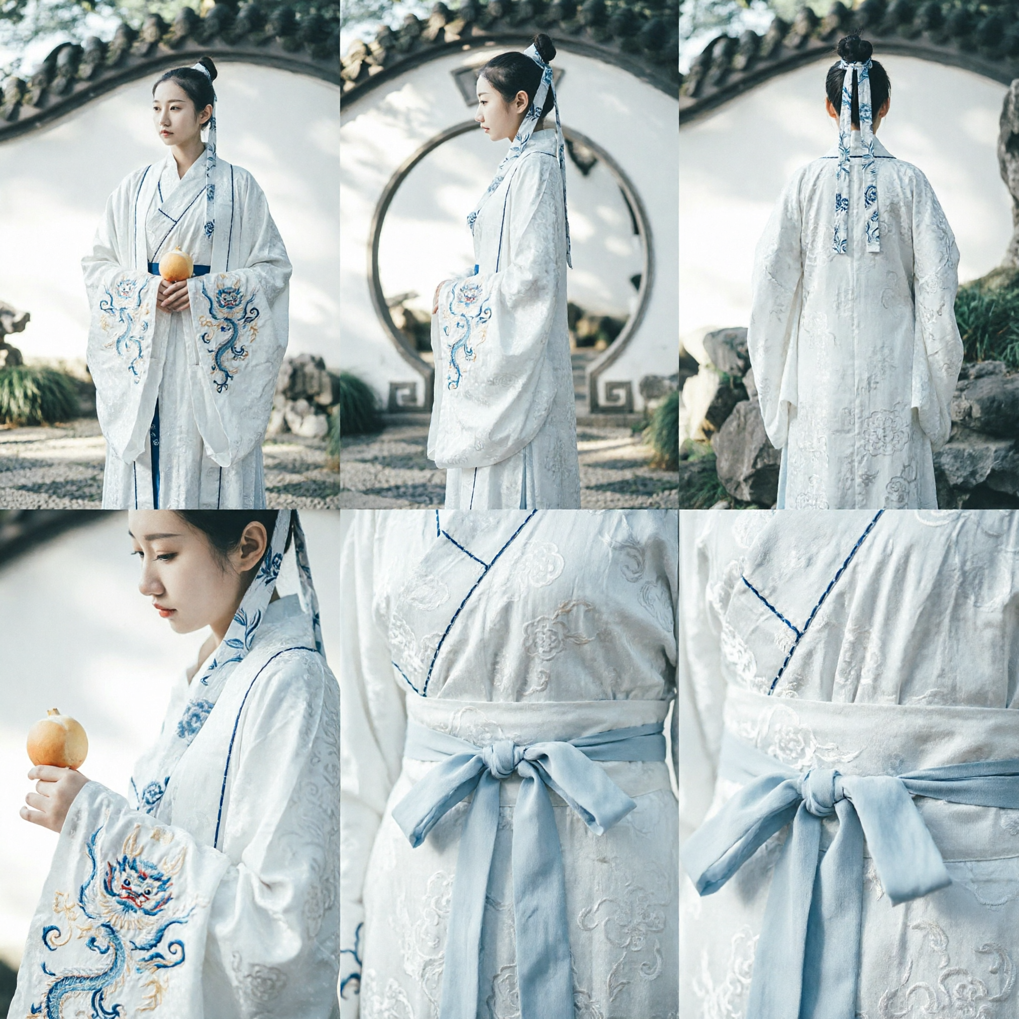 Elegantes weißes Hanfu, traditionelles chinesisches antikes Kostüm, blaue bestickte Wuxia-Schwertkämpferin-Kleidung für Damen - Asian Costume