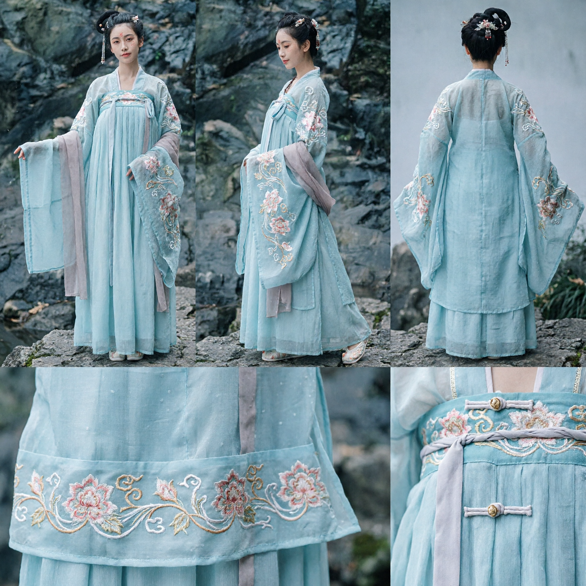 전통 중국 당나라 한푸 의상 여성 연한 파란색 유군 드레스 고대 촬영 및 코스프레용 - Asian Costume