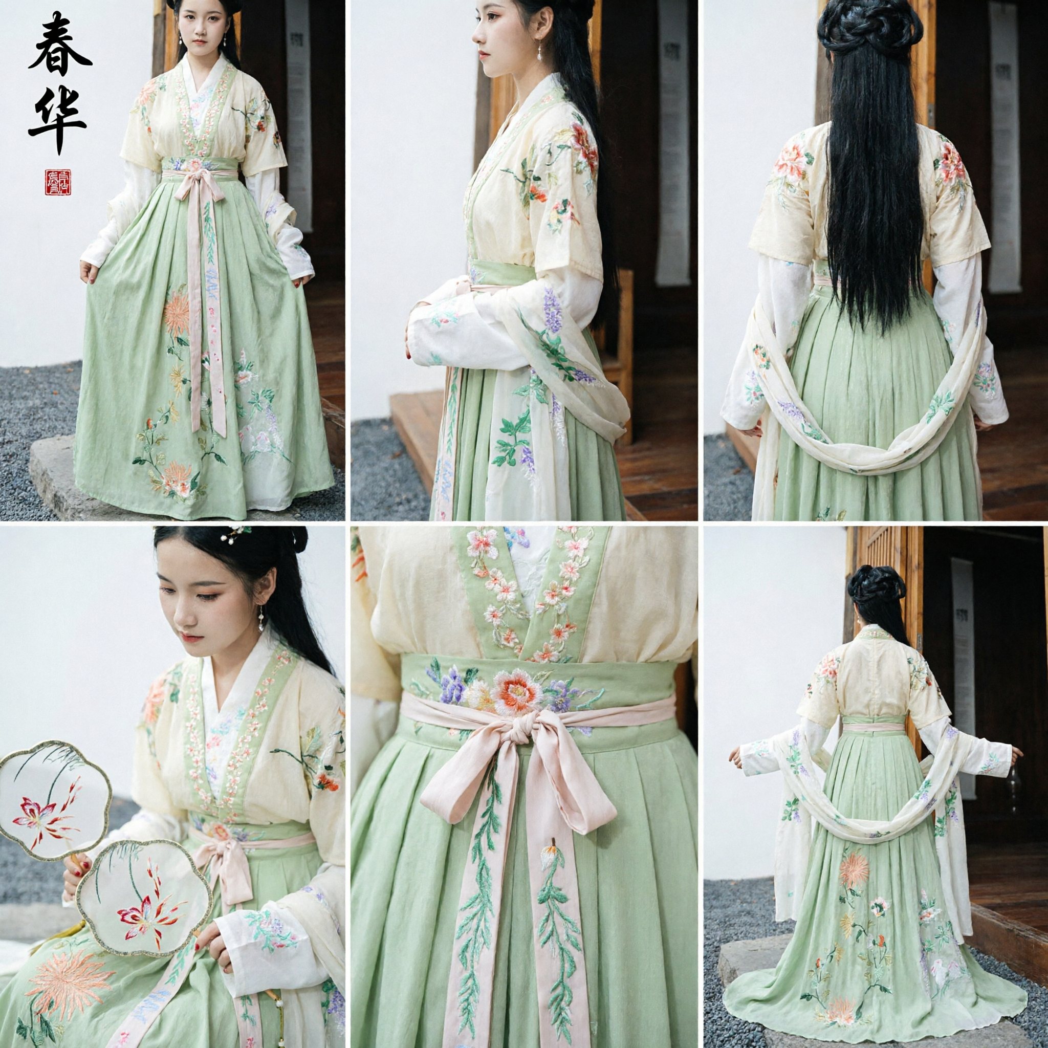 Conjunto Hanfu Tradicional Chinês Antigo Elegante com Bordado Floral Verde para Mulheres Fotografia de Primavera - Asian Costume