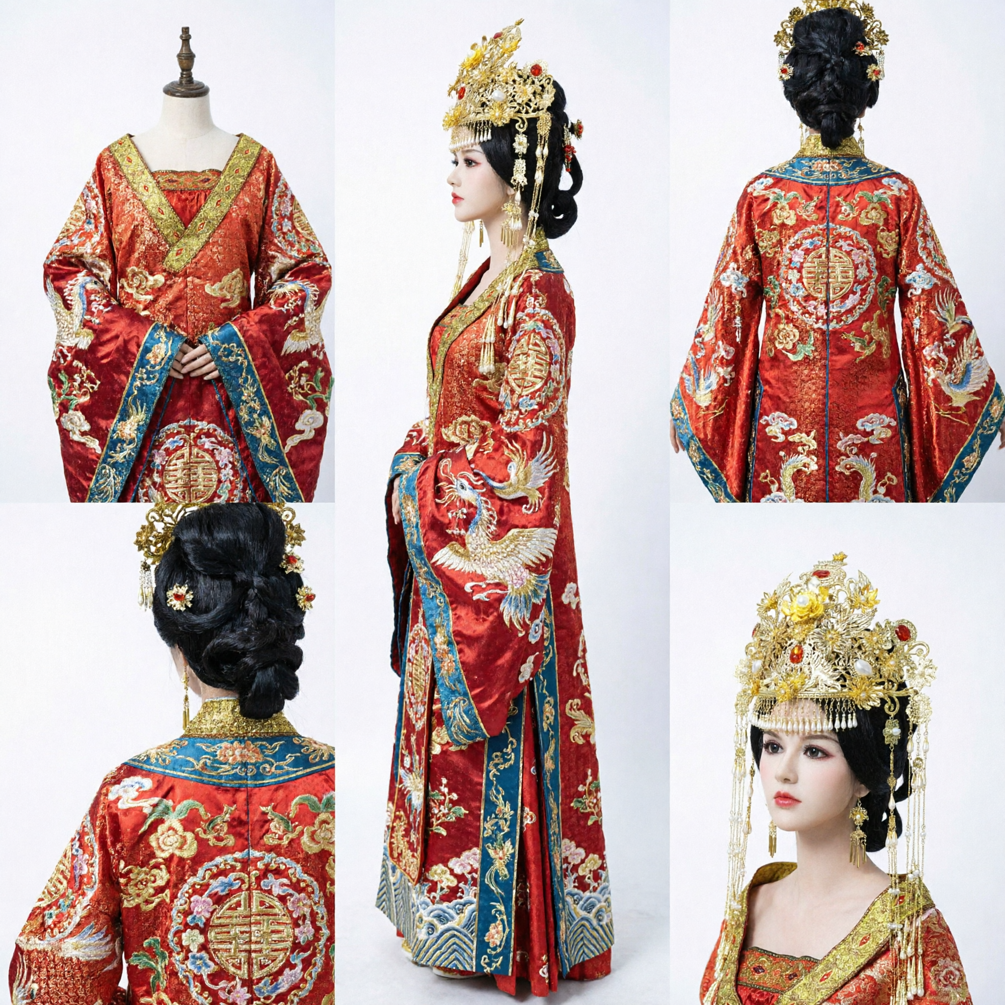 Древнекитайское традиционное свадебное головное украшение Корона Феникс, золотые жемчужные кисти для причёски невест в Ханьфу - Asian Costume