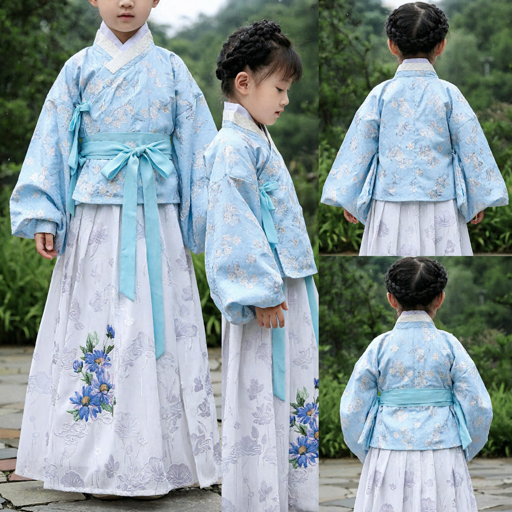 Hanfu Tradicional Chino para Niñas, Conjunto de Traje Antiguo con Top Azul Claro de Cuello Cruzado y Falda Blanca Bordada con Flores - Asian Costume