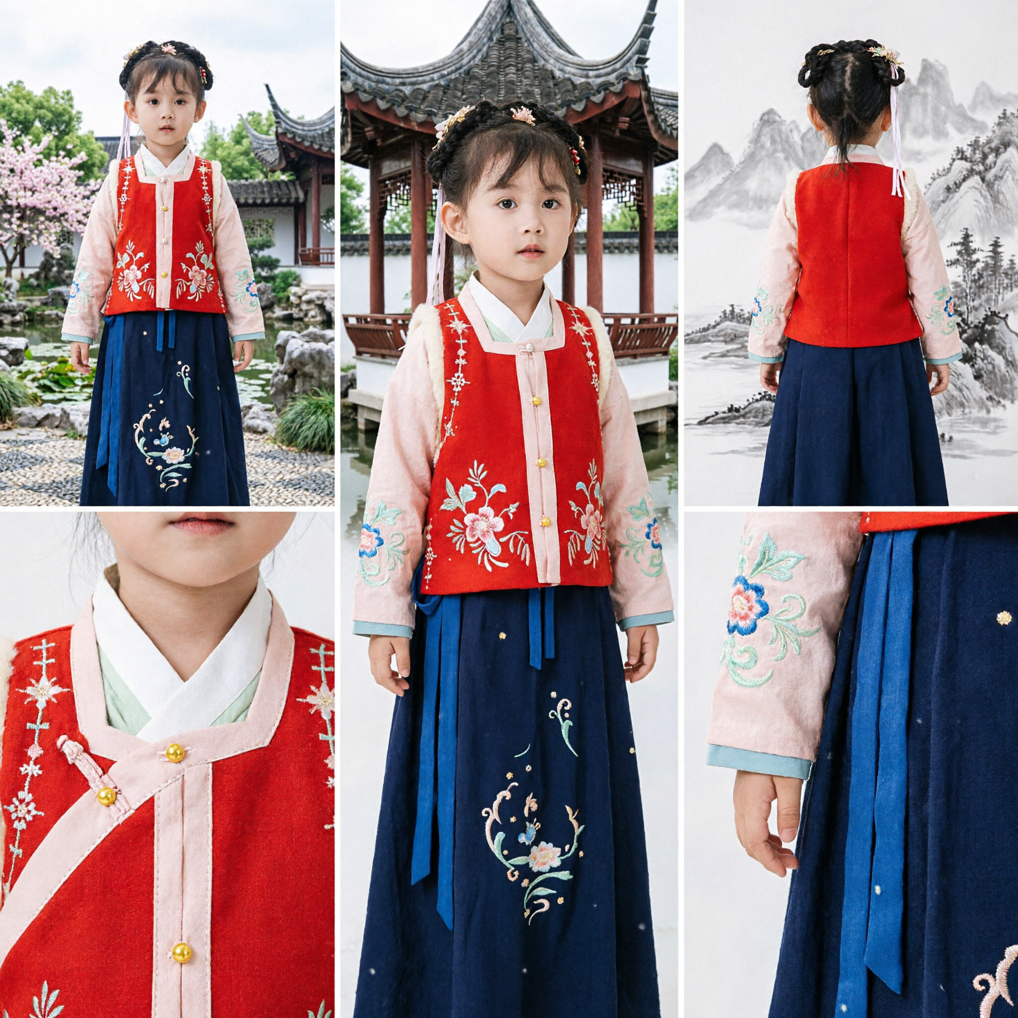 Traje Hanbok Tradicional Coreano para Niñas, Conjunto de Top Rojo Bordado y Falda Azul para Festivales - Asian Costume