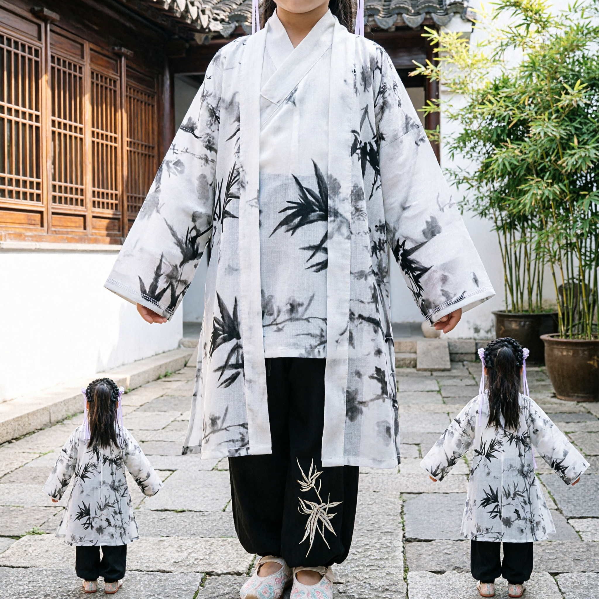 Детский традиционный китайский костюм ханьфу для девочек, древняя одежда с принтом тушью бамбука для танцевальных выступлений - Asian Costume