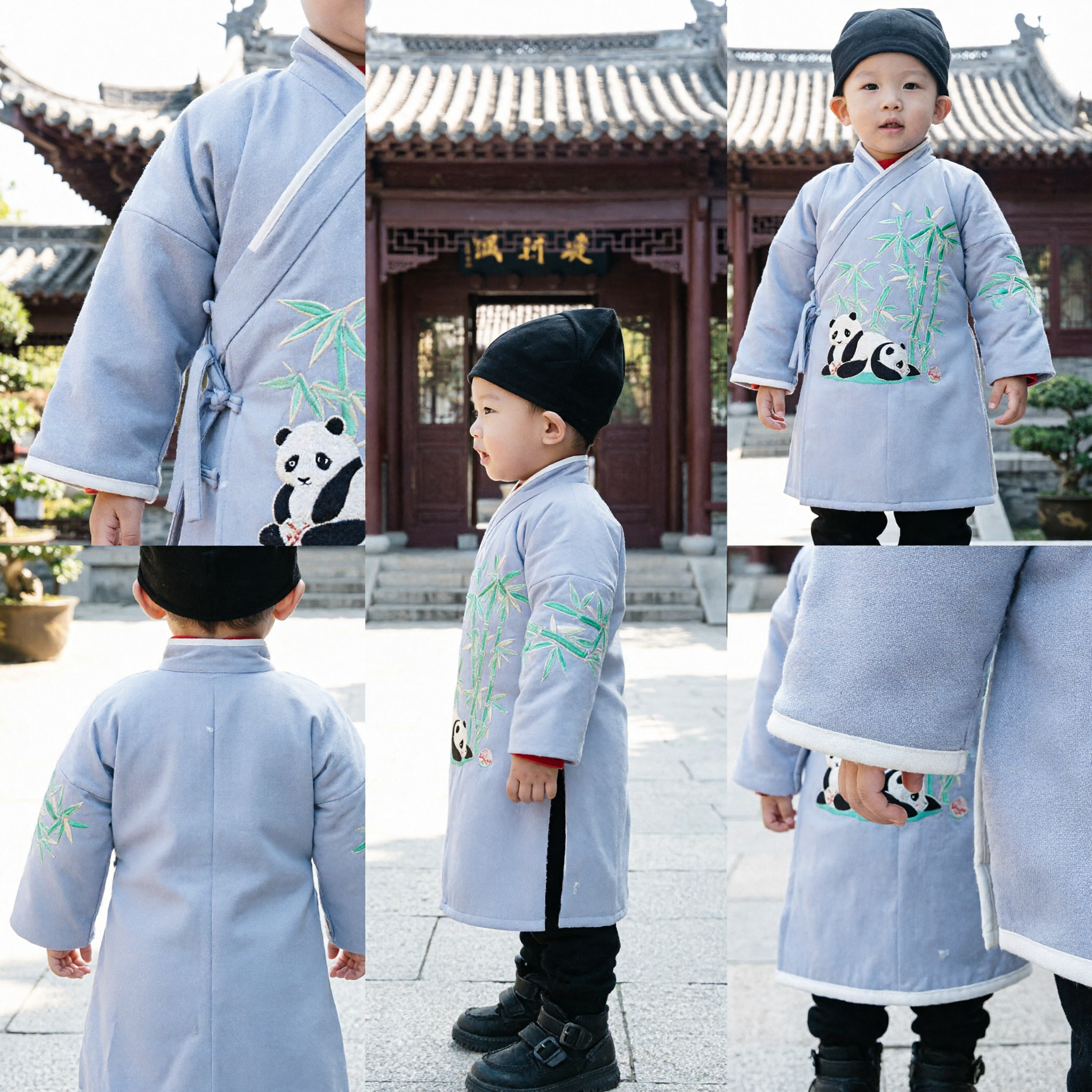 Túnica Hanfu Tradicional Chino para Niños Pequeños, Traje de Festival Bordado con Panda y Bambú - Asian Costume