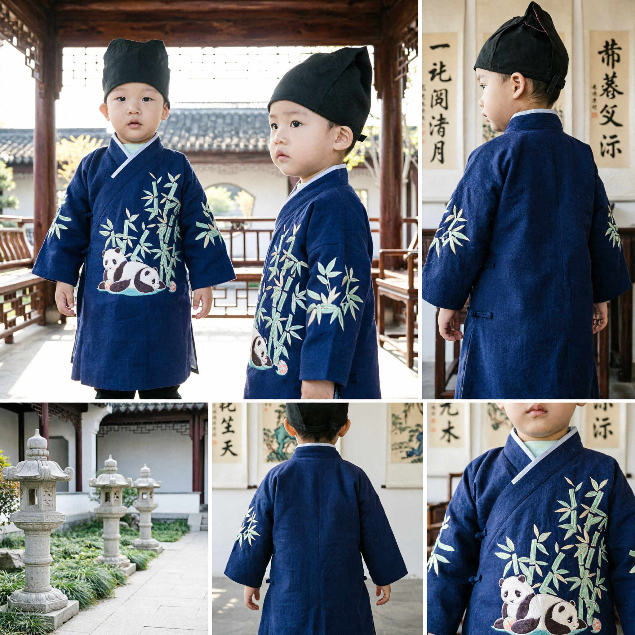 Traje Tradicional Chino Hanfu para Niños, Túnica Azul Marino Bordada con Panda y Bambú, Traje de Erudito Antiguo para Niños - Asian Costume