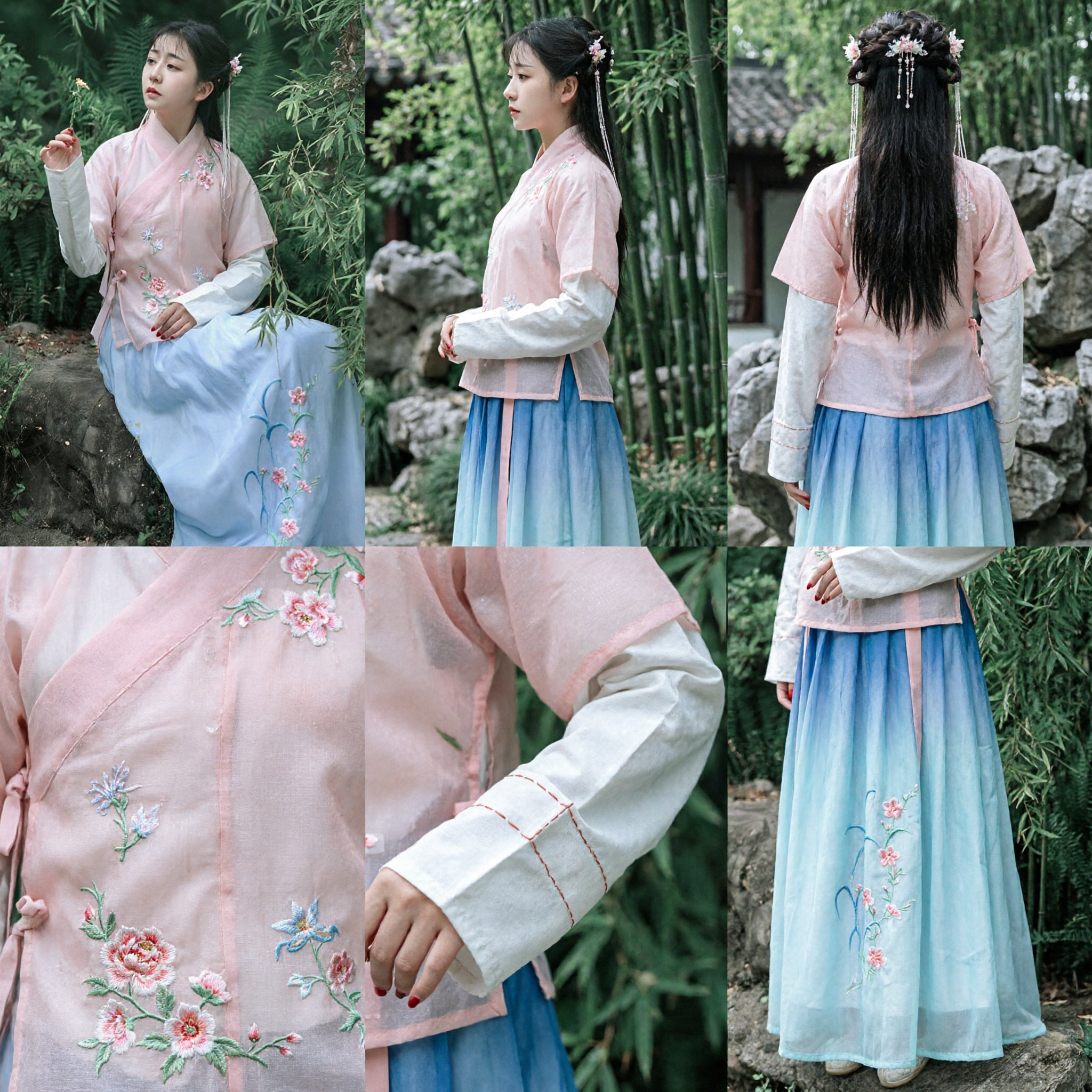 Elegante costume antico Hanfu tradizionale cinese dinastia Ming Set top rosa ricamato e gonna blu per donne - Asian Costume